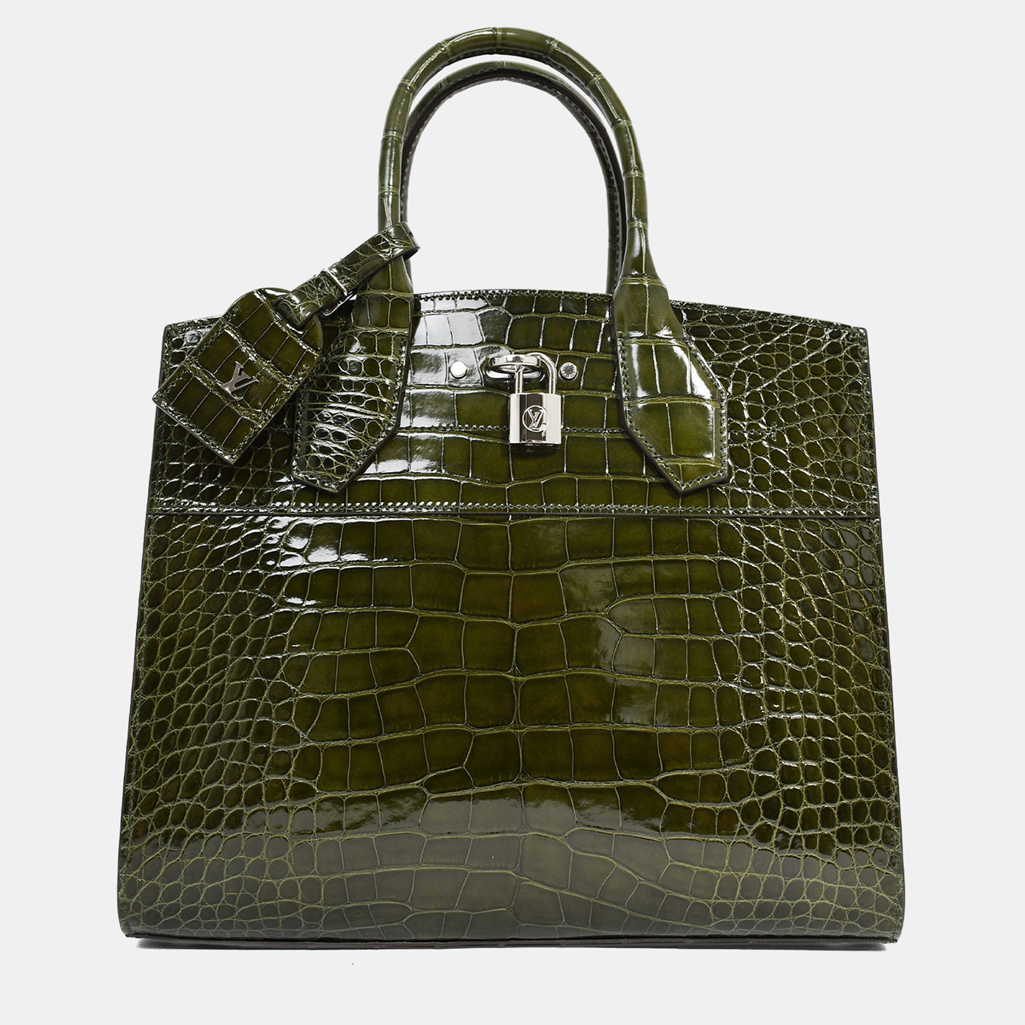 

Louis Vuitton Green Alligator Mississippiensis City Steamer MM Top Handle with Strap