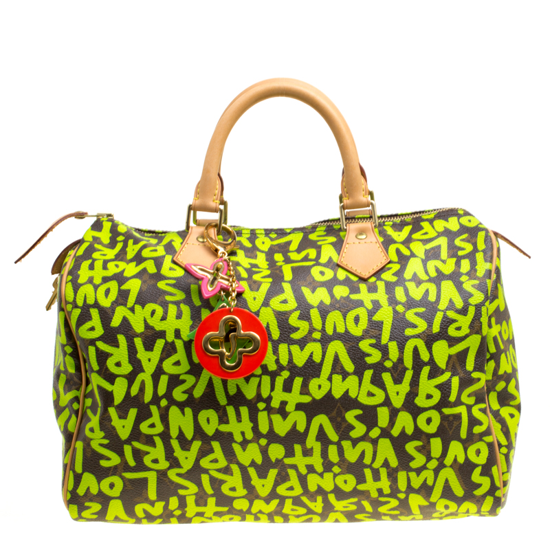 Louis Vuitton Monogram Canvas Neon Green Graffiti Stephen Sprouse Speedy 30  Bag with Charm