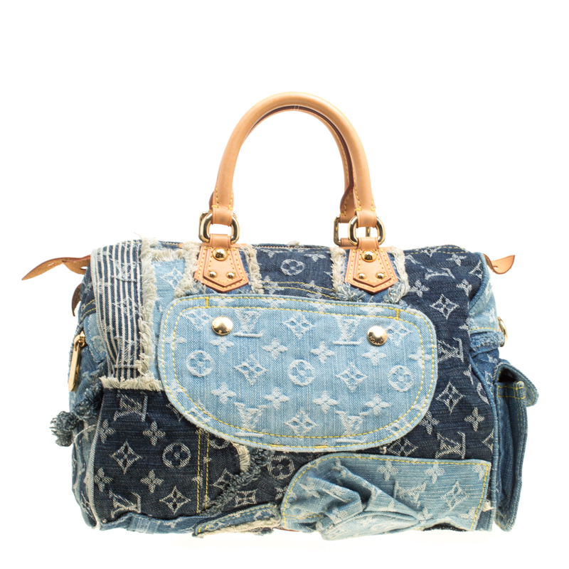 Louis Vuitton Blue Rouge Damier Monogram Denim Patchwork Speedy Bandouliere  30 Bag - Yoogi's Closet