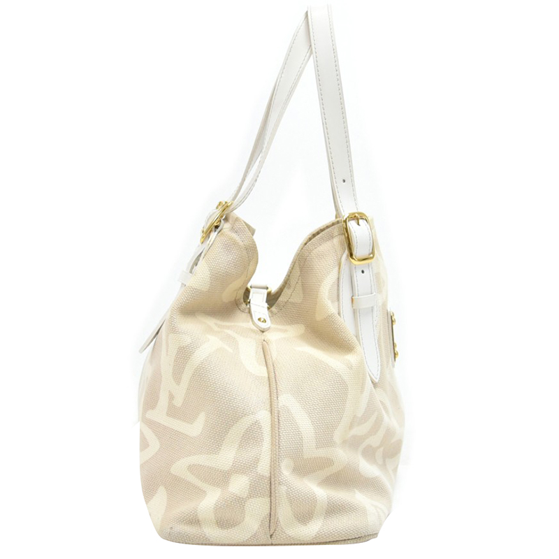 

Louis Vuitton Beige/White Leather Canvas Tahitienne Cabas PM Bag