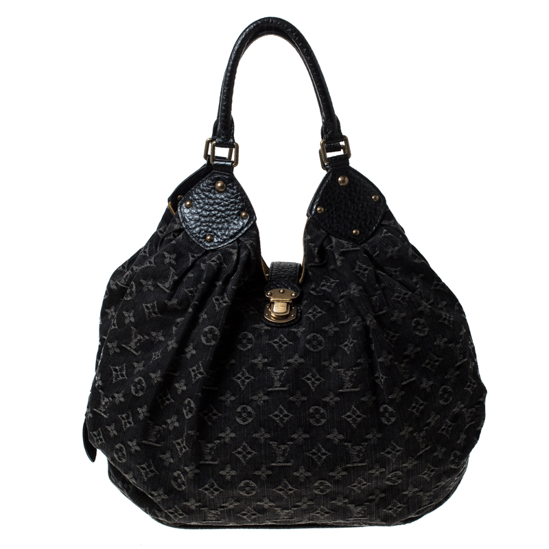 Pre Owned Louis Vuitton Black Denim Monogram Mahina Leather XL Hobo