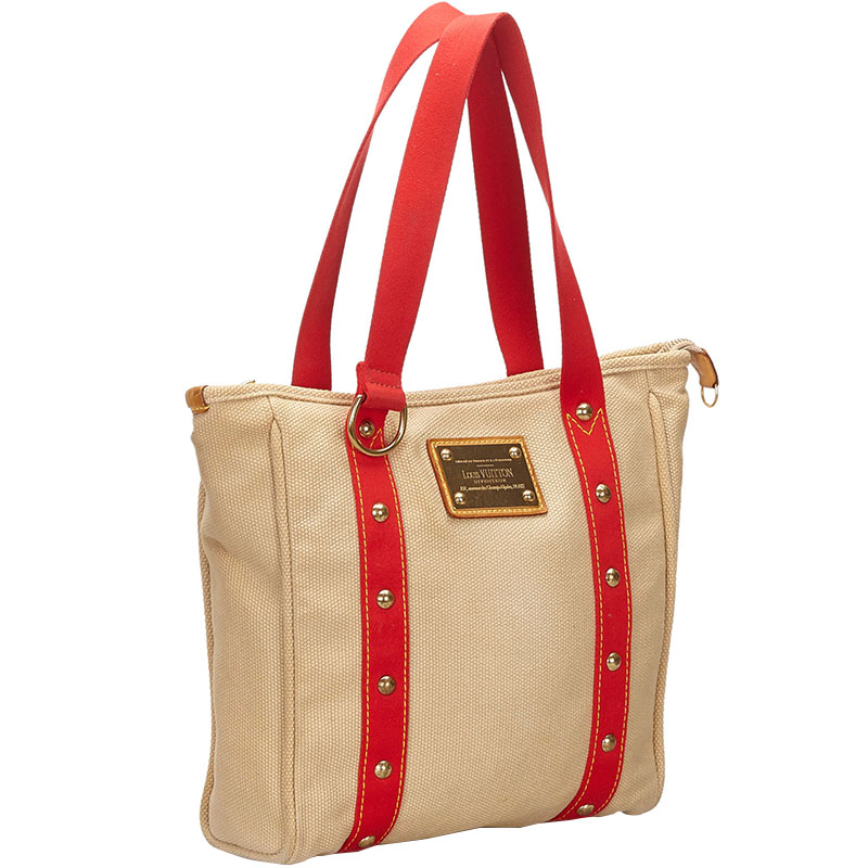 

Louis Vuitton Beige/Red Canvas Antigua Cabas MM Bag