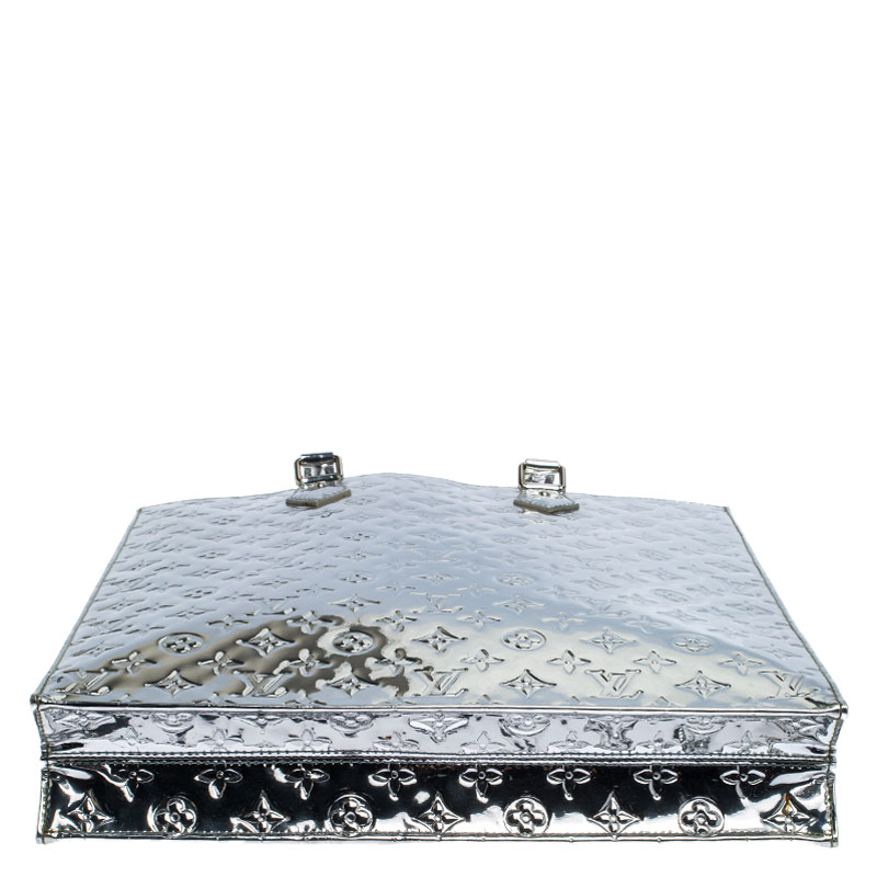 Auth Louis Vuitton Sac Plat Silver tone Monogram Mirror Tote Hand Bag  1D070090n"