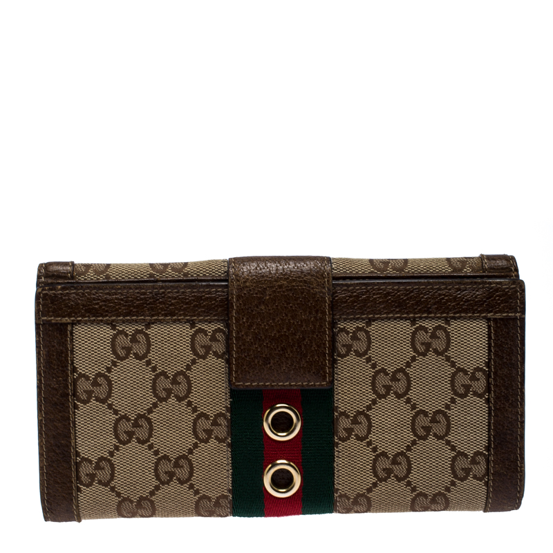 Pre-owned Gucci Brown/beige Gg Canvas Web Eyelet Flap Wallet