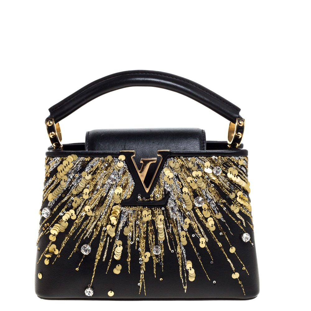 Louis Vuitton Black Leather Crystal Embellished Capucines Mini Bag
