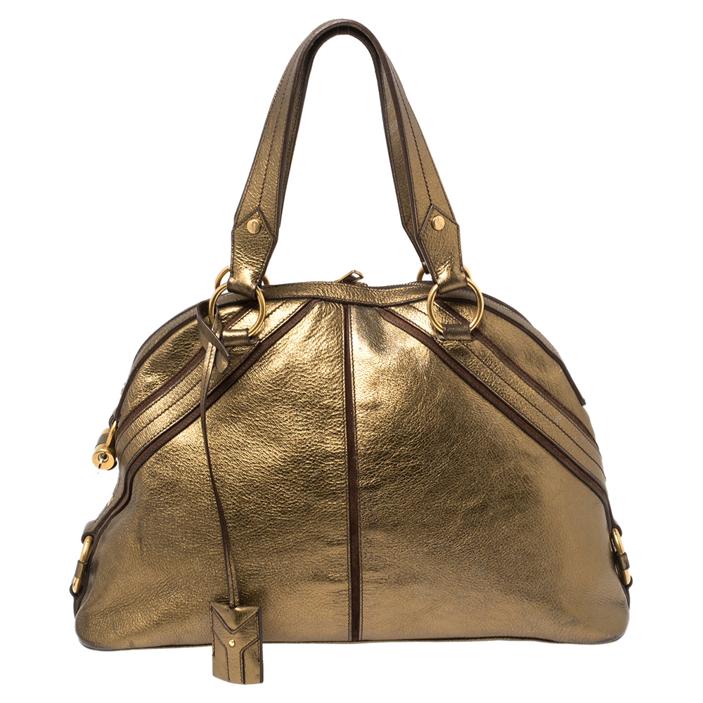 Pre-owned Saint Laurent Metallic Bronze Leather And Suede Dome Satchel