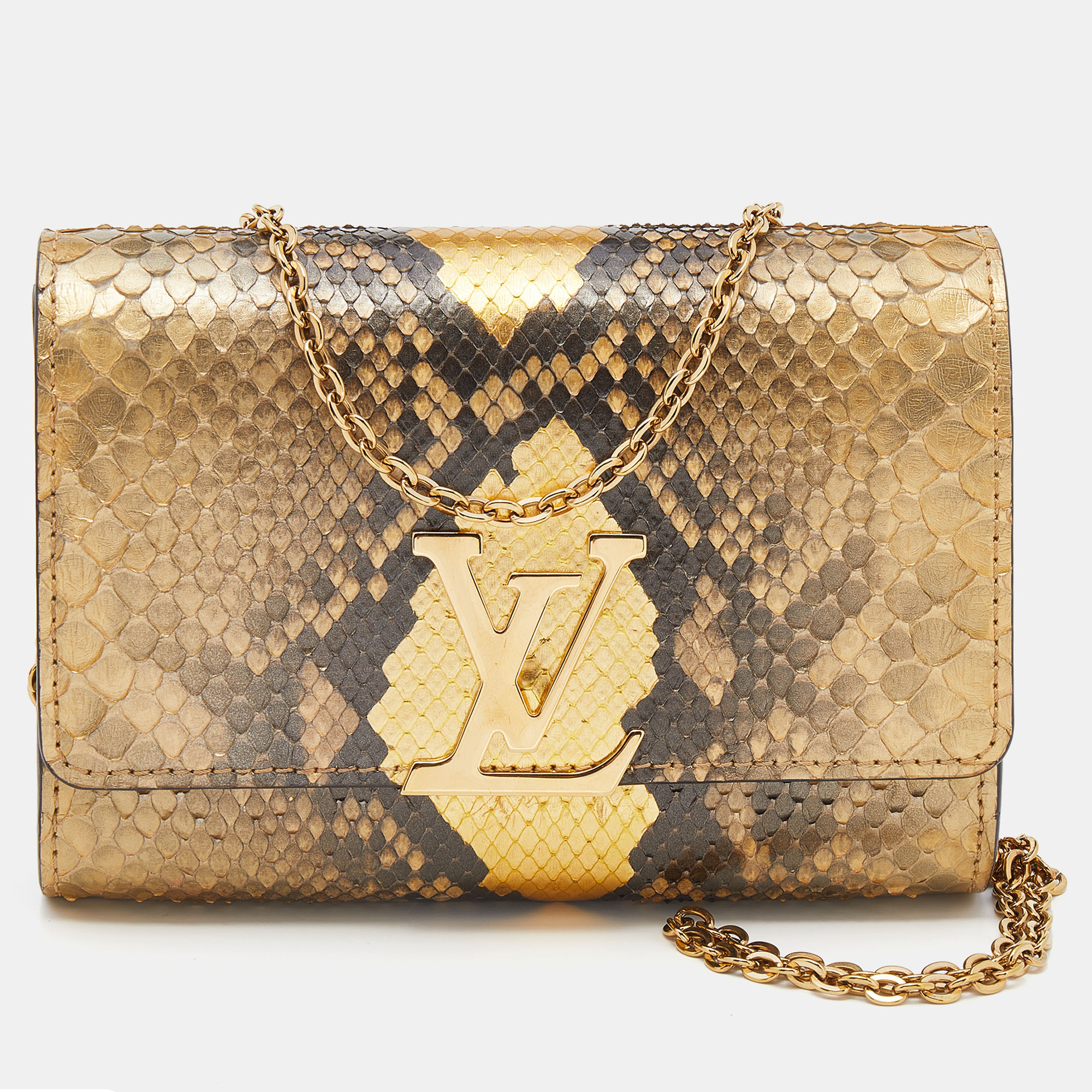 Pre-owned Louis Vuitton Beige/gold Python Louise Pm Chain Clutch