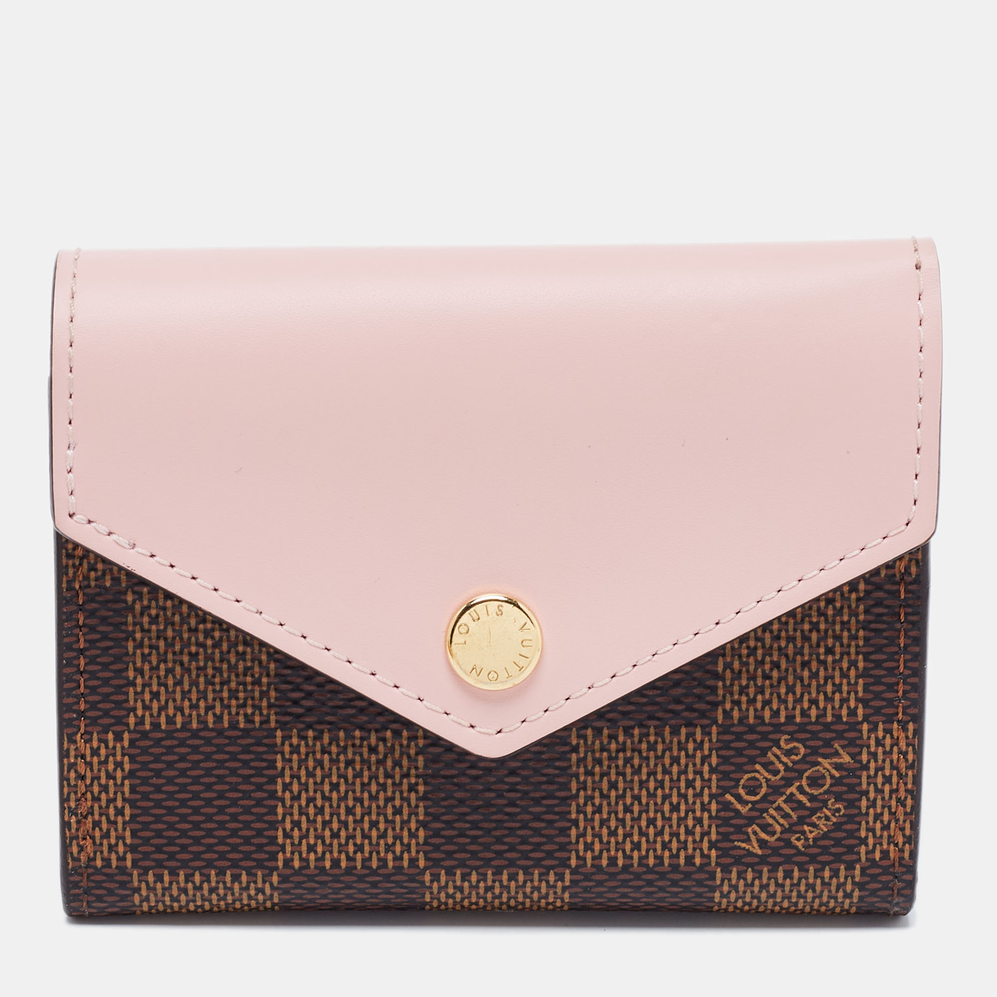 Pre Owned Louis Vuitton Rose Ballerine Damier Ebene Canvas And Leather Zoe Wallet