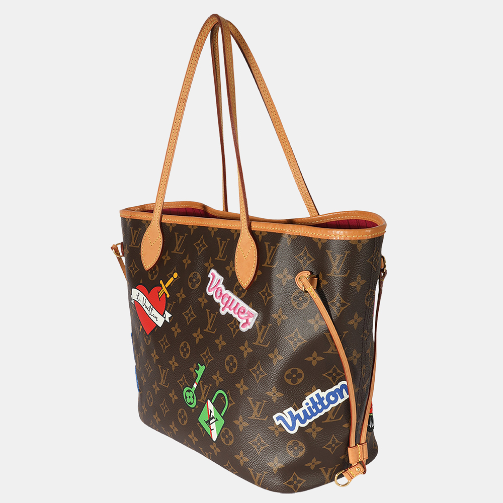 

Louis Vuitton Monogram Travel Stickers Neverfull MM Bag with Pouch, Brown