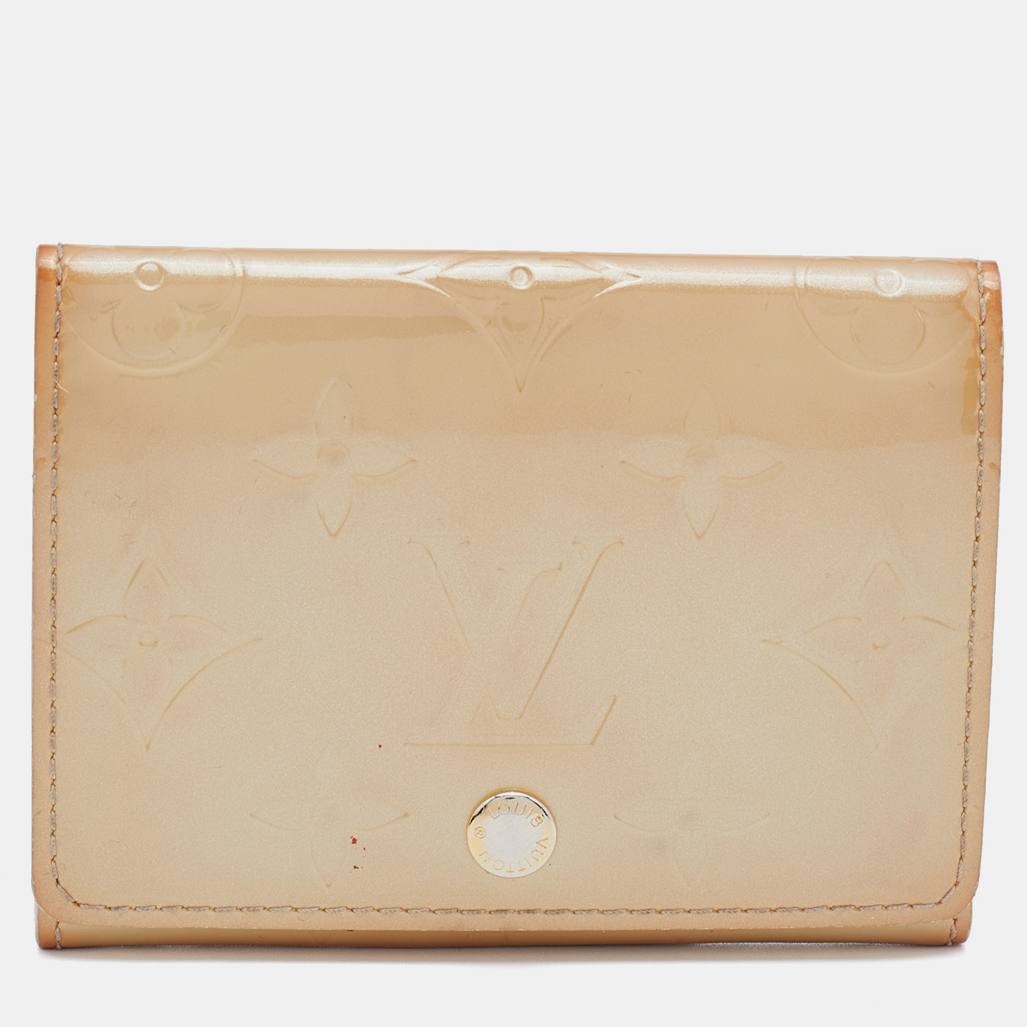 Pre-owned Louis Vuitton Perle Monogram Vernis Flap Card Case In Beige
