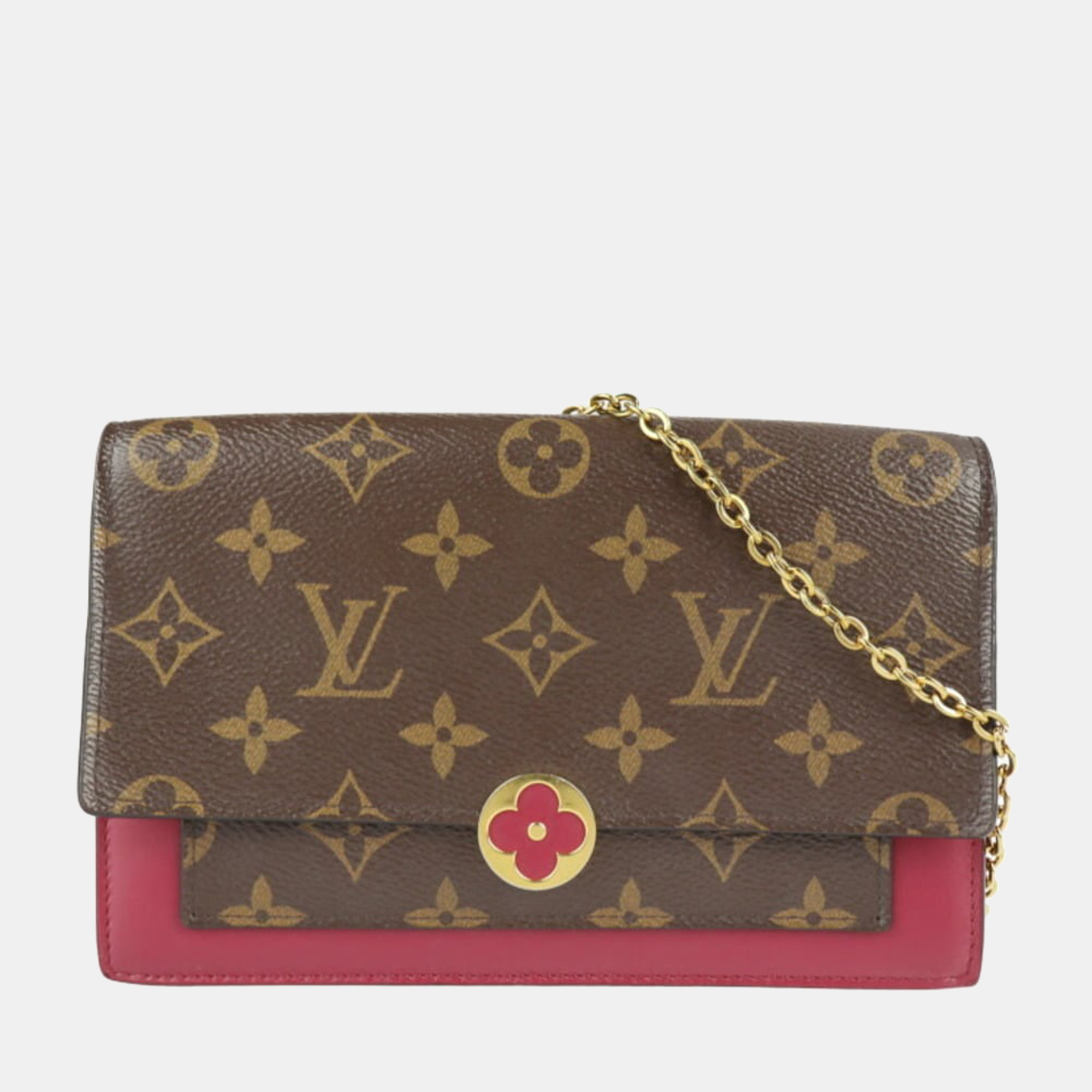 Pre-owned Louis Vuitton Red/brown Monogram Canvas And Leather Flore Wallet On Chain
