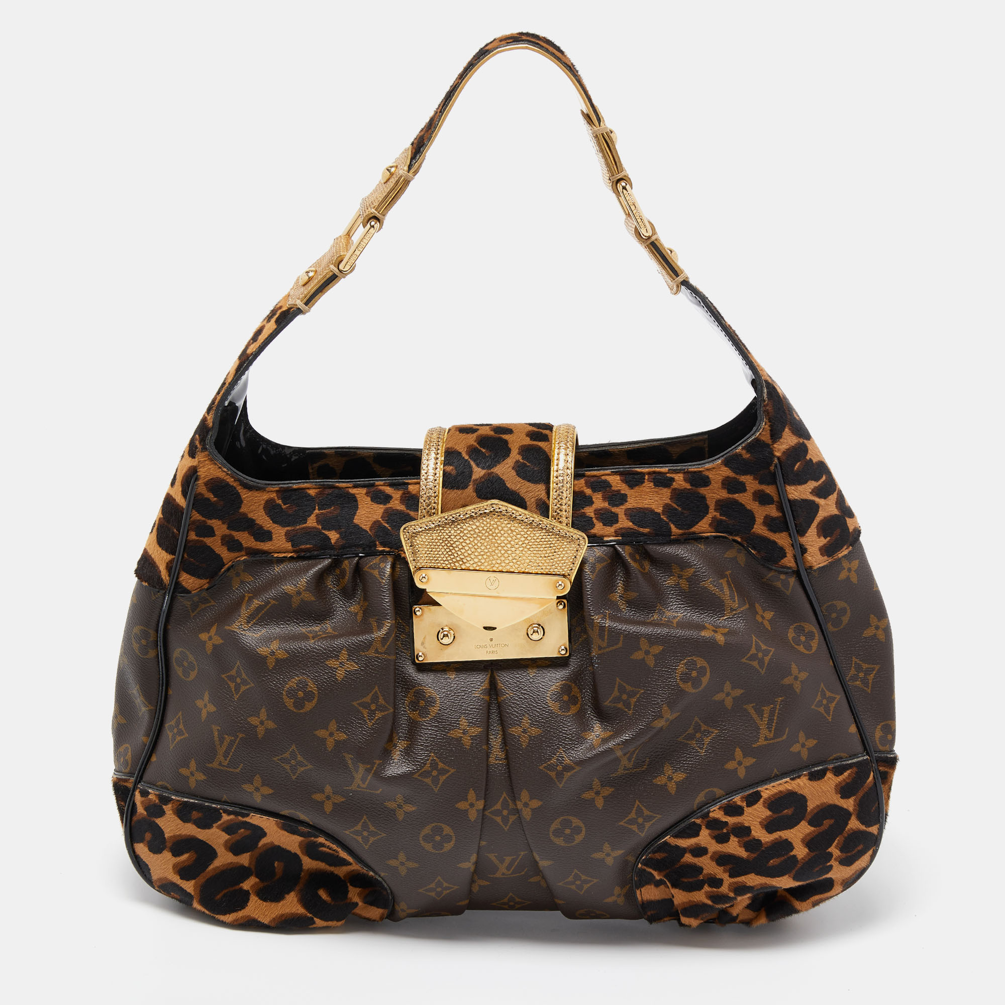 Pre-owned Louis Vuitton Monogram Canvas/karung And Leopard Print Calfhair Limited Edition Polly Bag In Multicolor