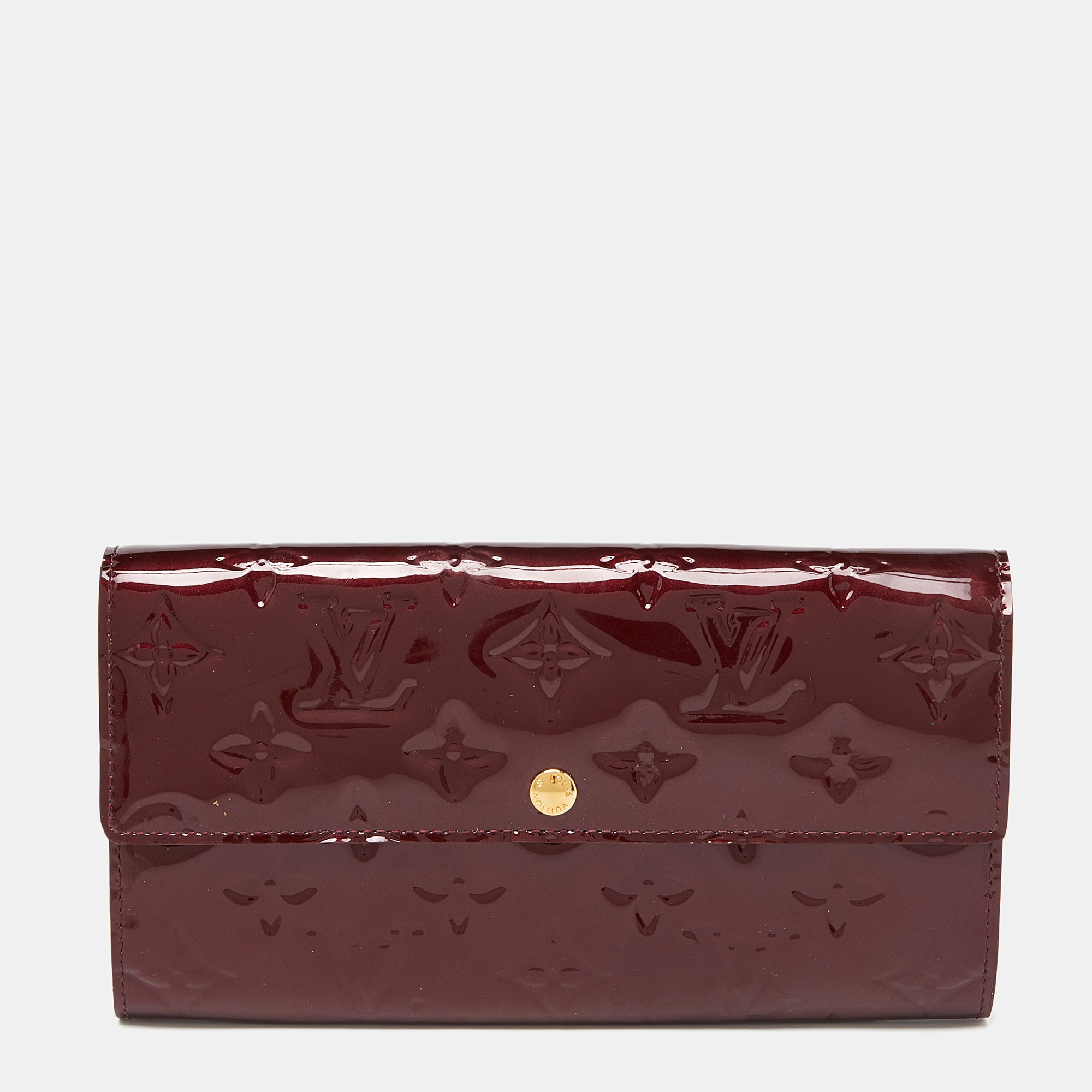 Pre-owned Louis Vuitton Rouge Fauviste Monogram Vernis Sarah Wallet In Burgundy