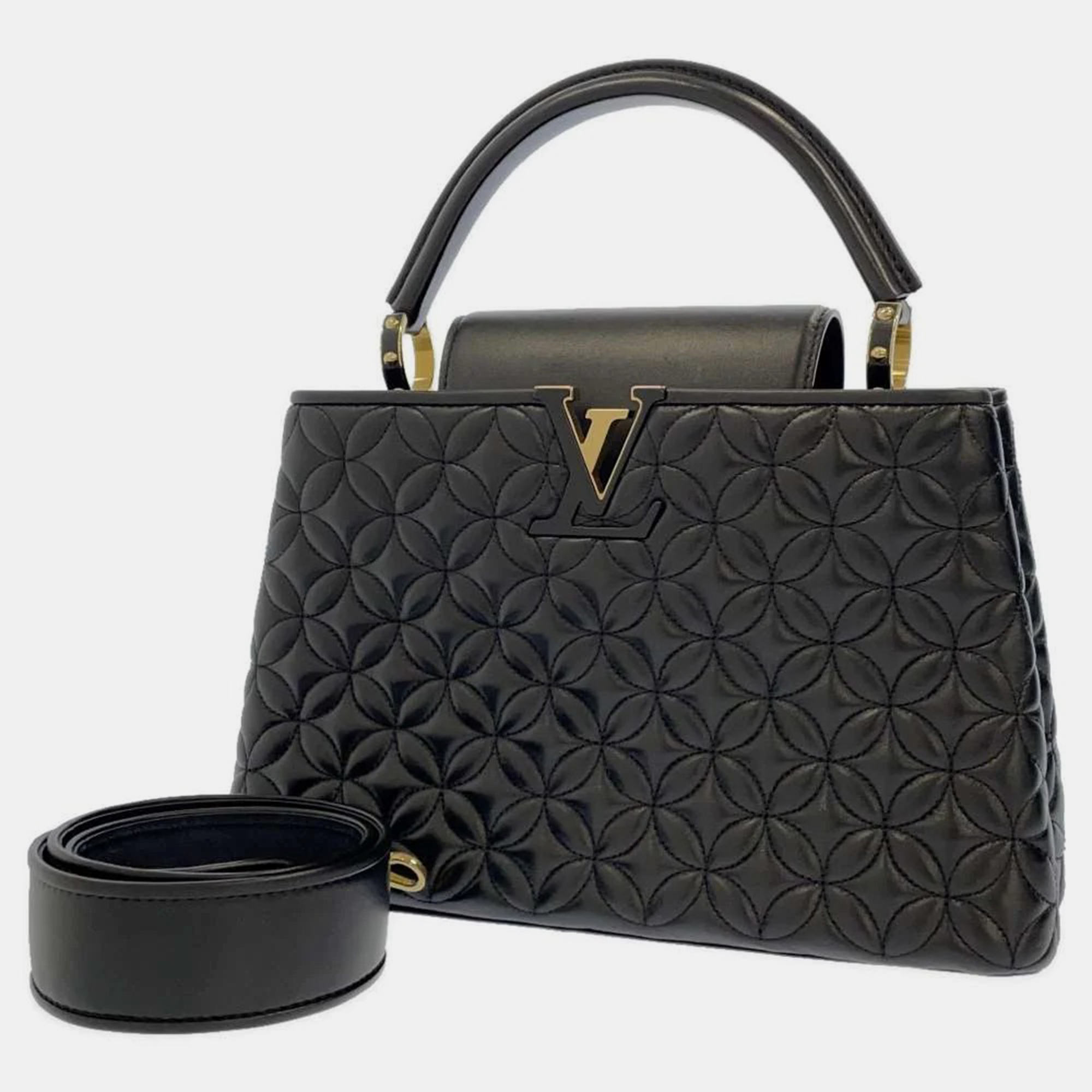 Pre-owned Louis Vuitton Black Lambskin Braided Capucines Mm Bag