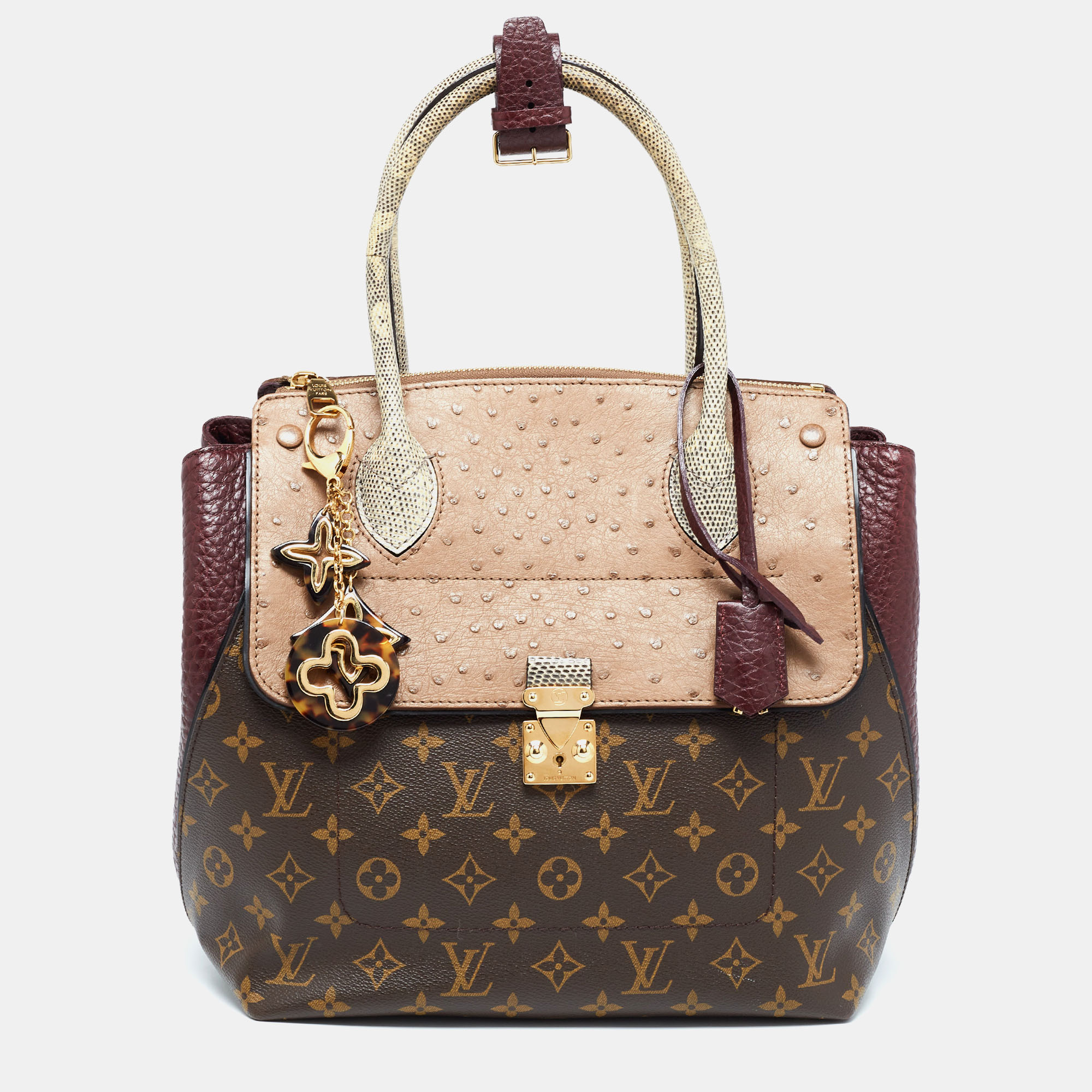 Pre-owned Louis Vuitton Exotique Monogram Lizard Ostrich And Leather Limited Edition Majestueux Mm Bag In Multicolor