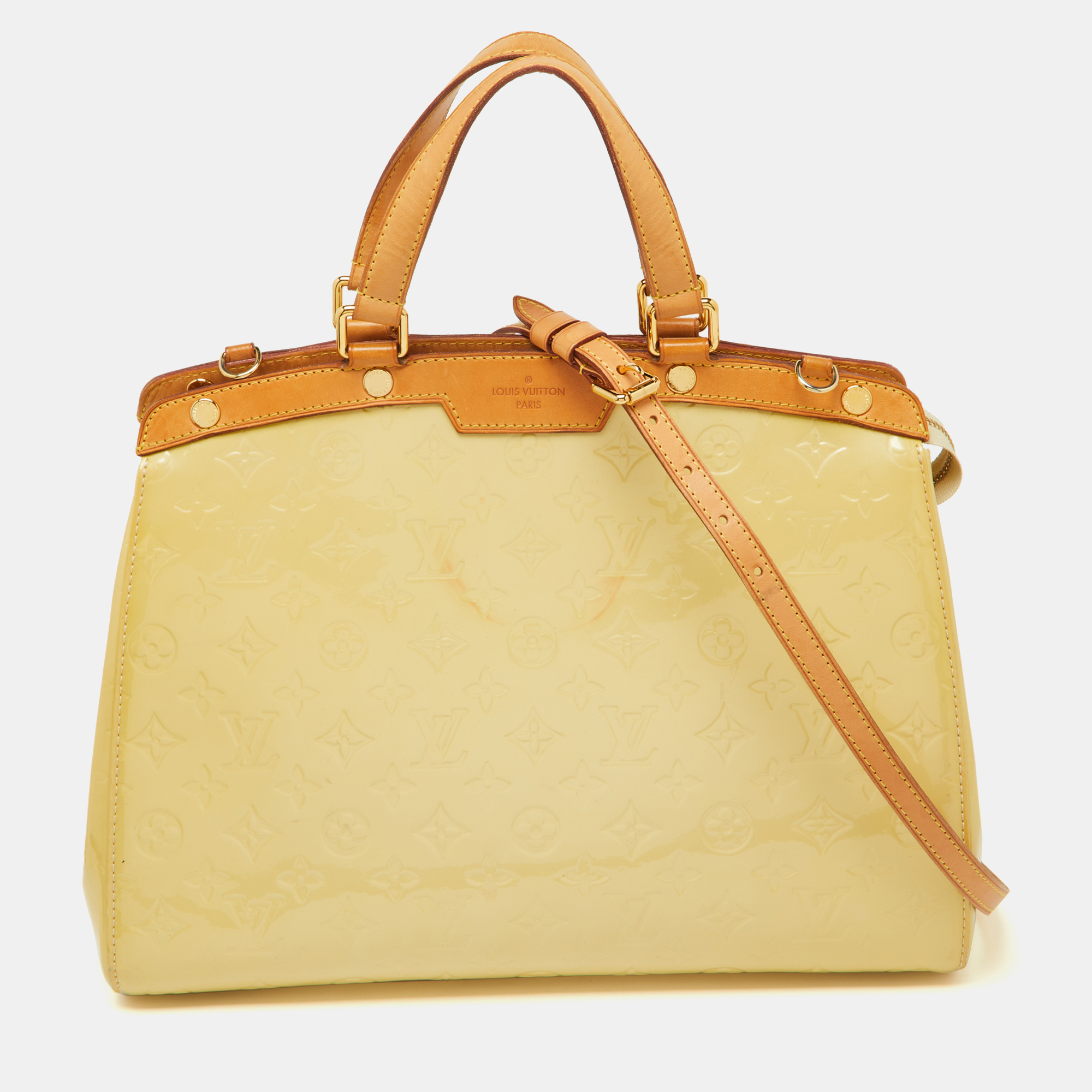 Pre-owned Louis Vuitton Blanc Corail Monogram Vernis Brea Gm Bag In Yellow