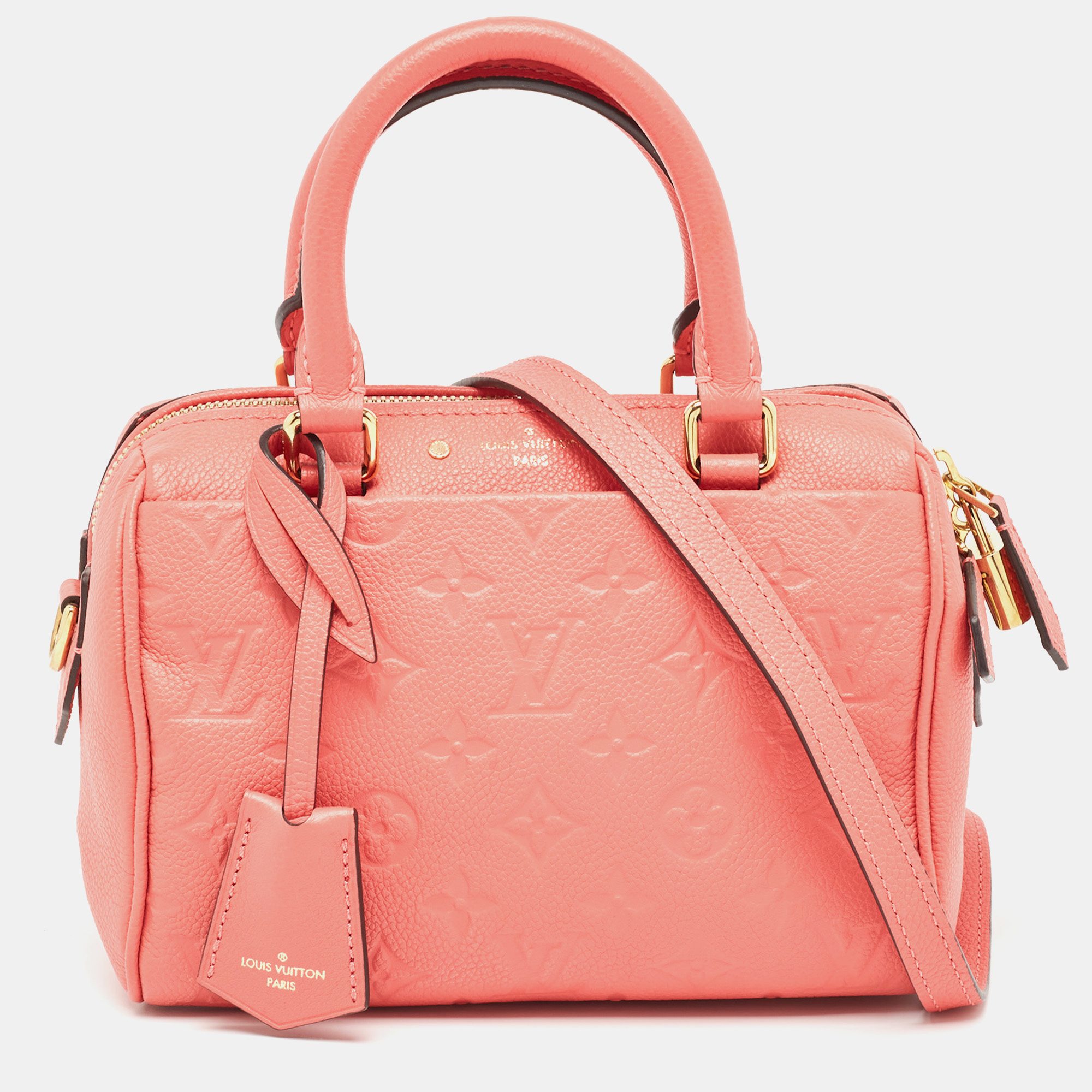 Pre-owned Louis Vuitton Blossom Monogram Empreinte Leather Speedy Bandouliere 20 Bag In Pink