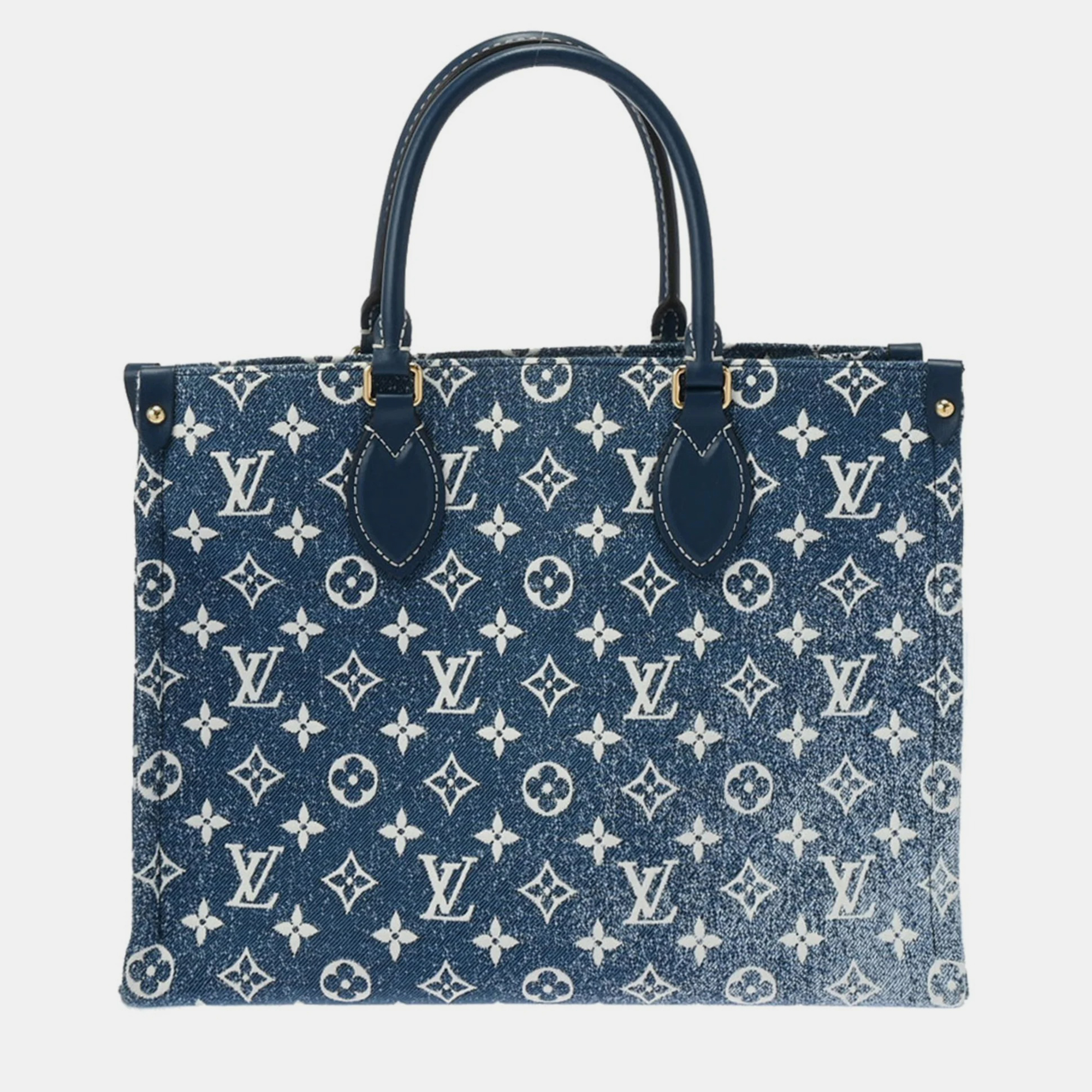 Pre-owned Louis Vuitton Blue Monogram Jacquard Denim Onthego Mm Tote Bag