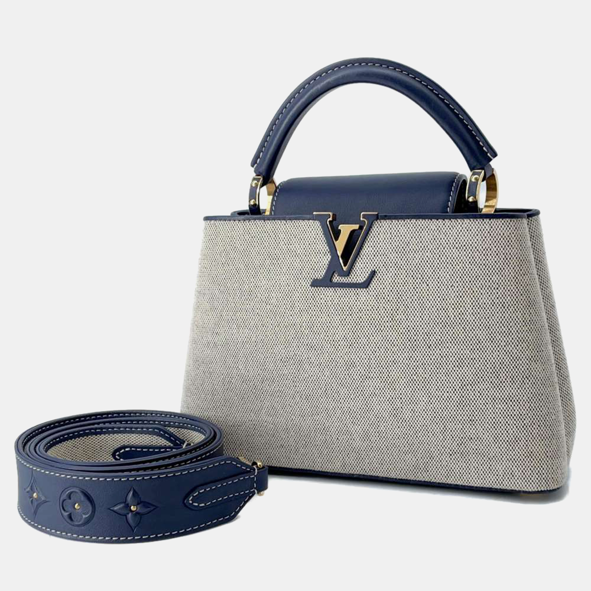 

Louis Vuitton Blue/Beige Canvas and Leather BB Capucines Top Handle Bag