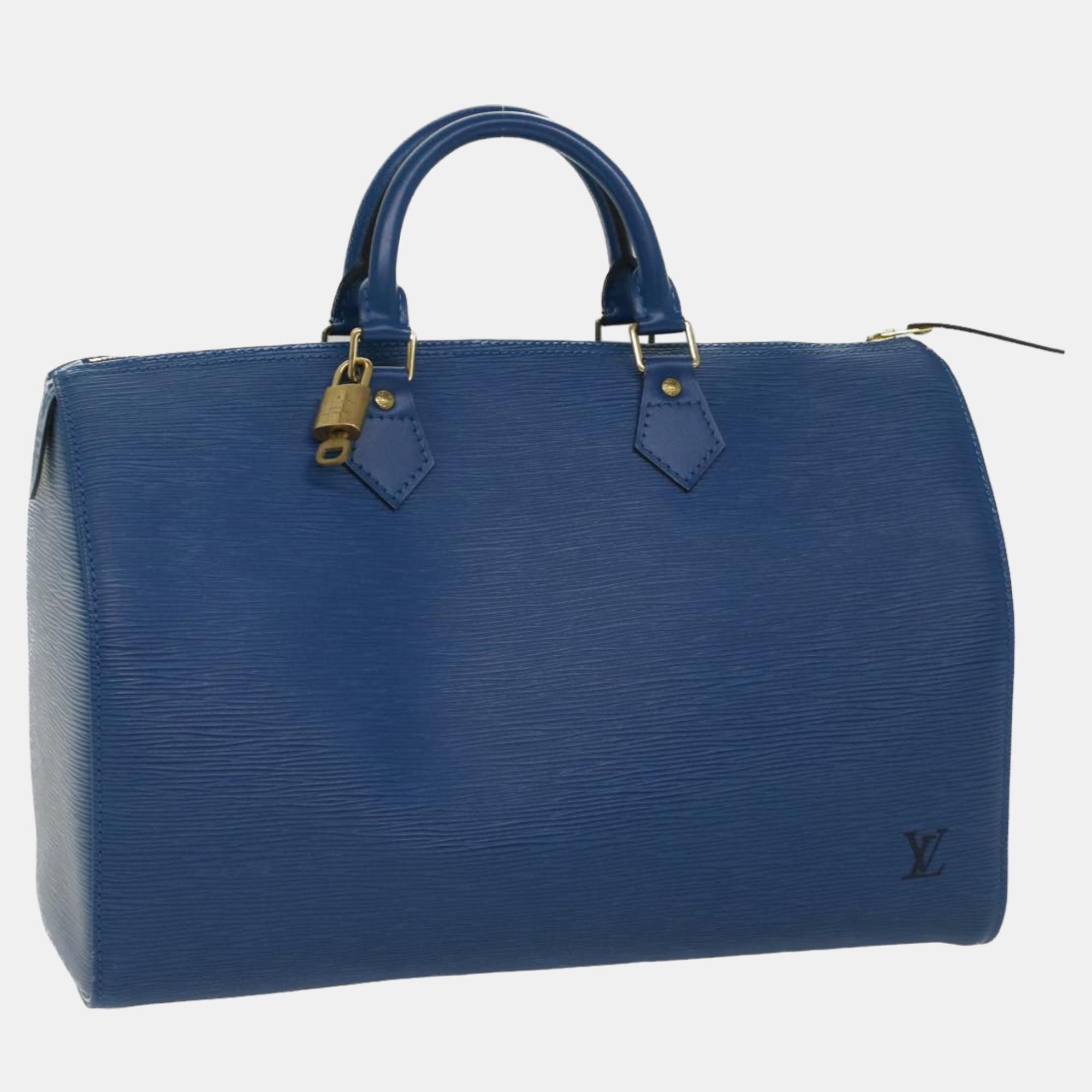 Pre-owned Louis Vuitton Blue Epi Leather Speedy 35 Duffel Bag