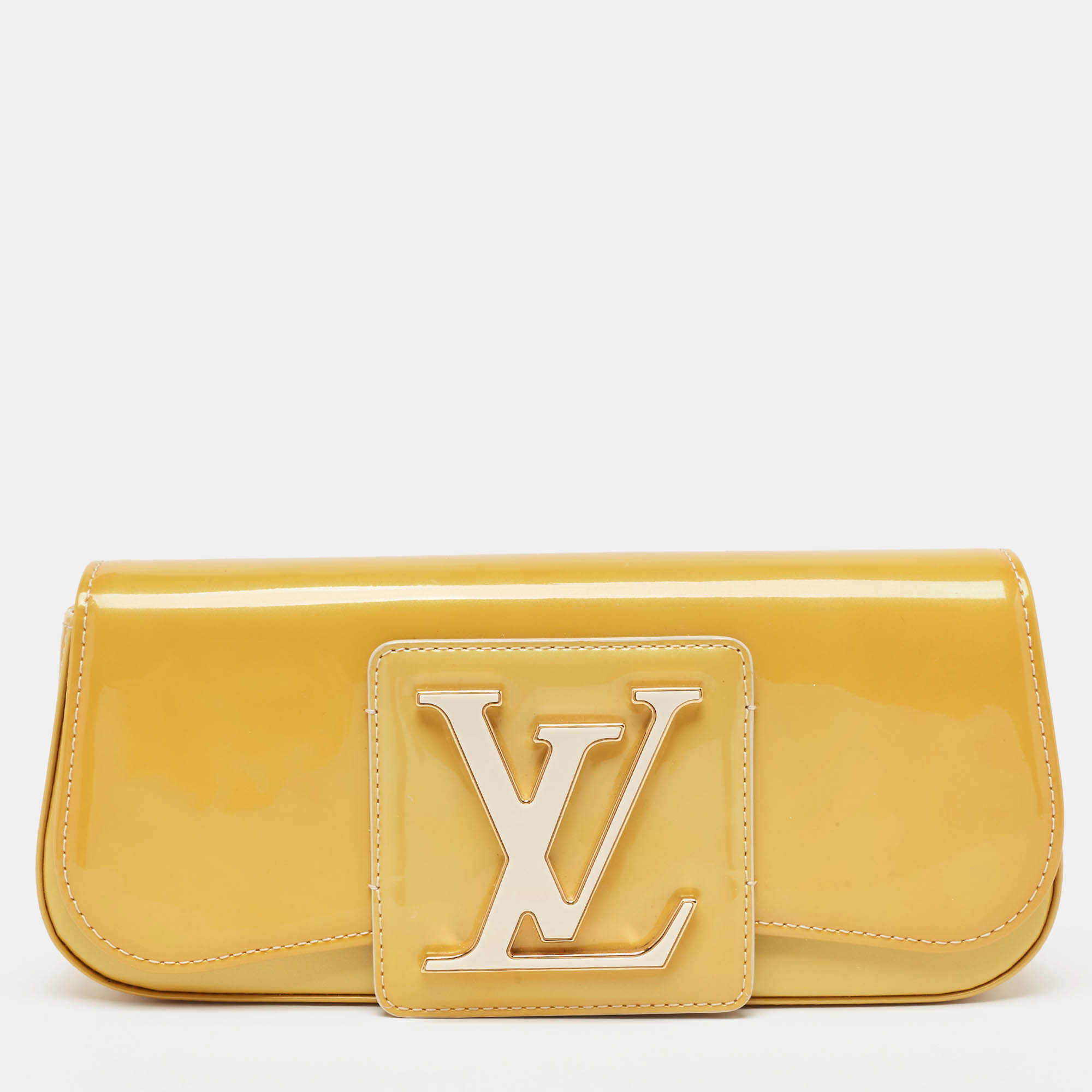 Pre-owned Louis Vuitton Vert Impression Patent Leather Sobe Clutch In Yellow