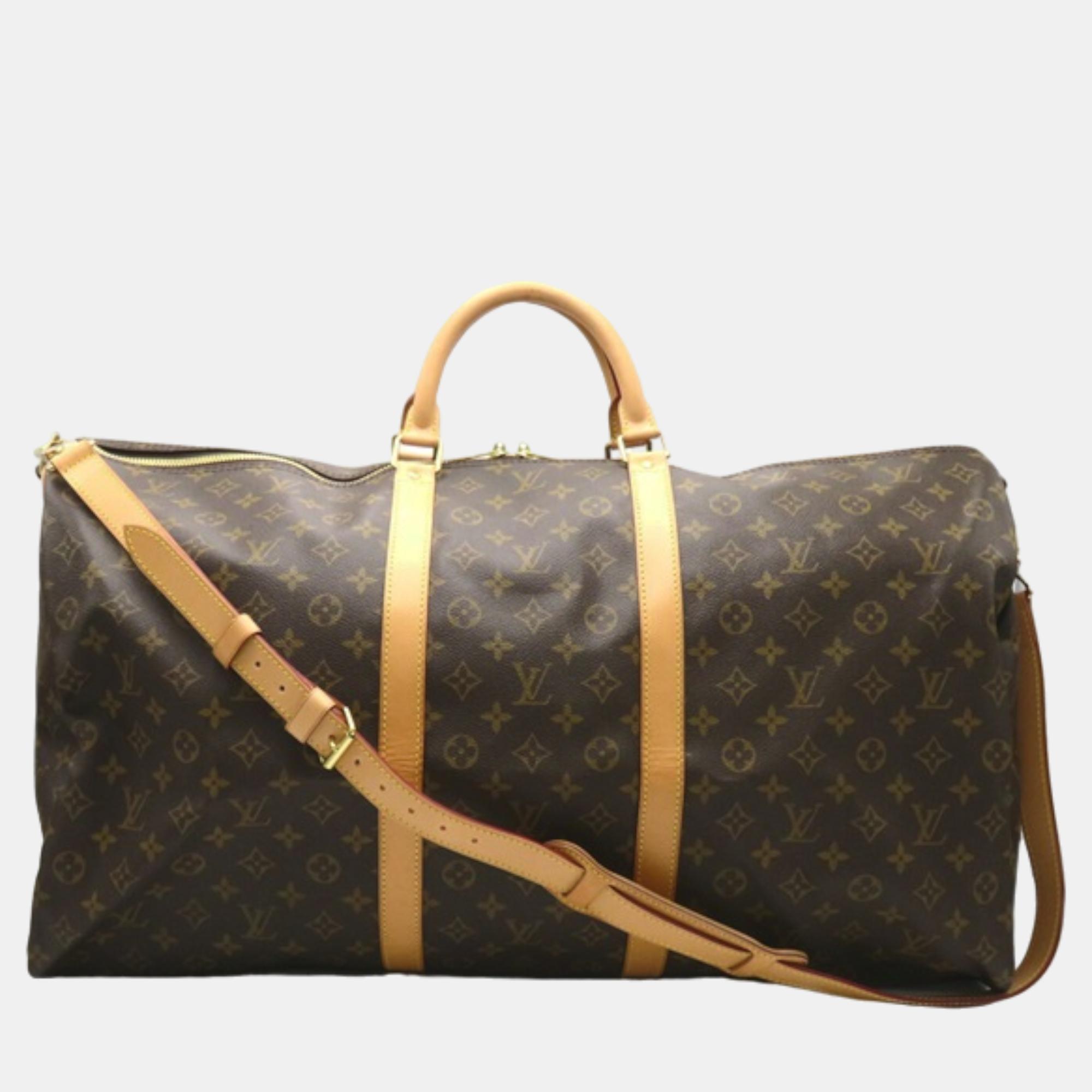 Pre-owned Louis Vuitton Brown Canvas Monogram Keepall 60 Bandouliere Travel Bag