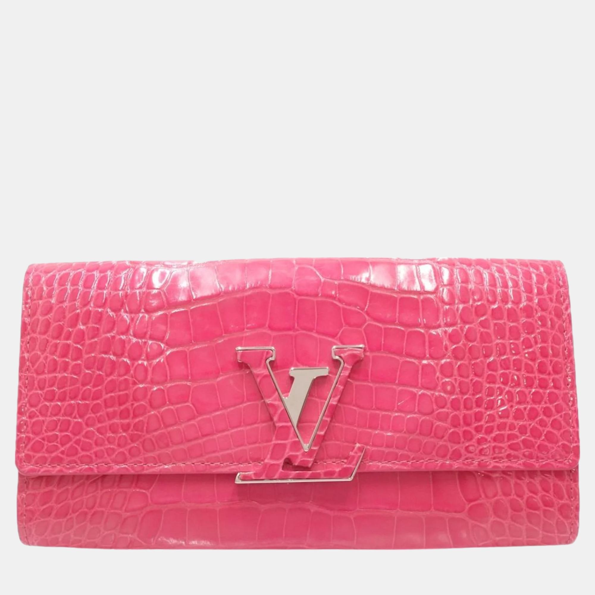 Pre-owned Louis Vuitton Pink Crocodile Leather Long Capucines Wallets