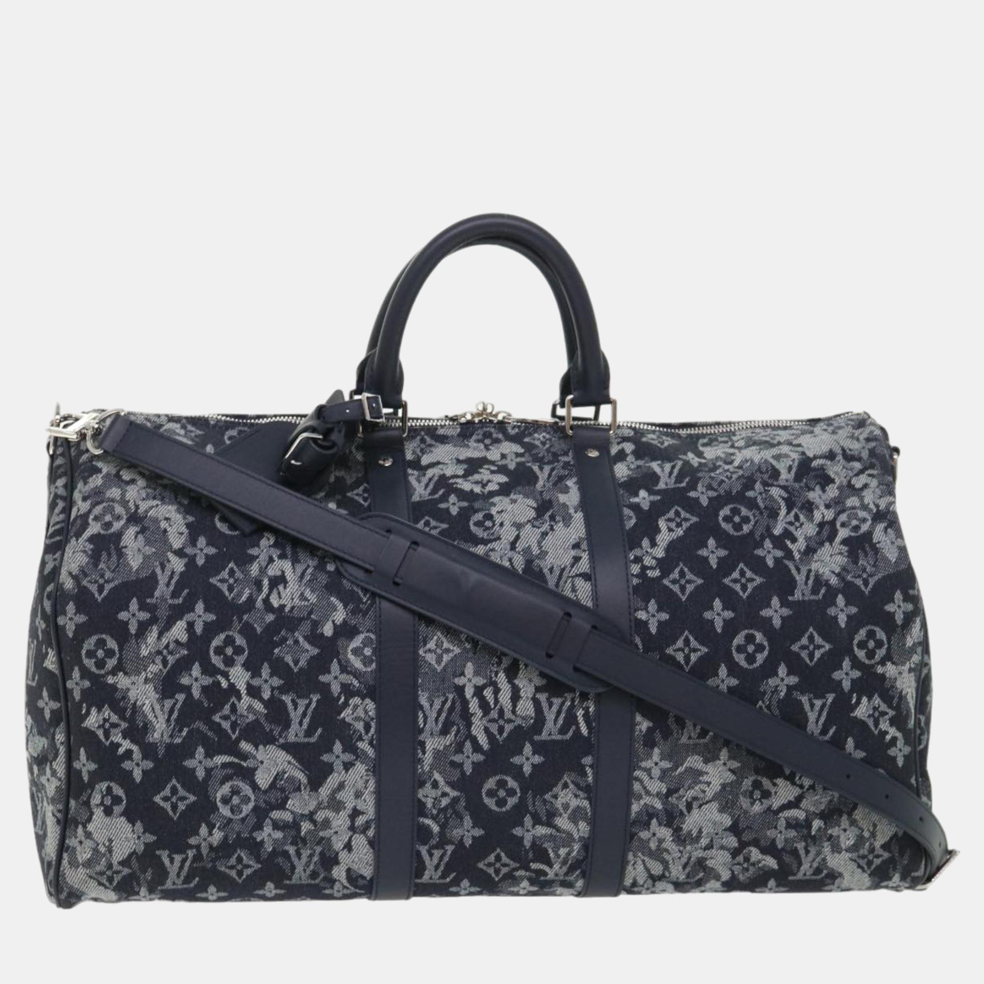 Pre-owned Louis Vuitton Grey Canvas Tapestry Keepall Bandouliere 50 Travel Duffel Bags