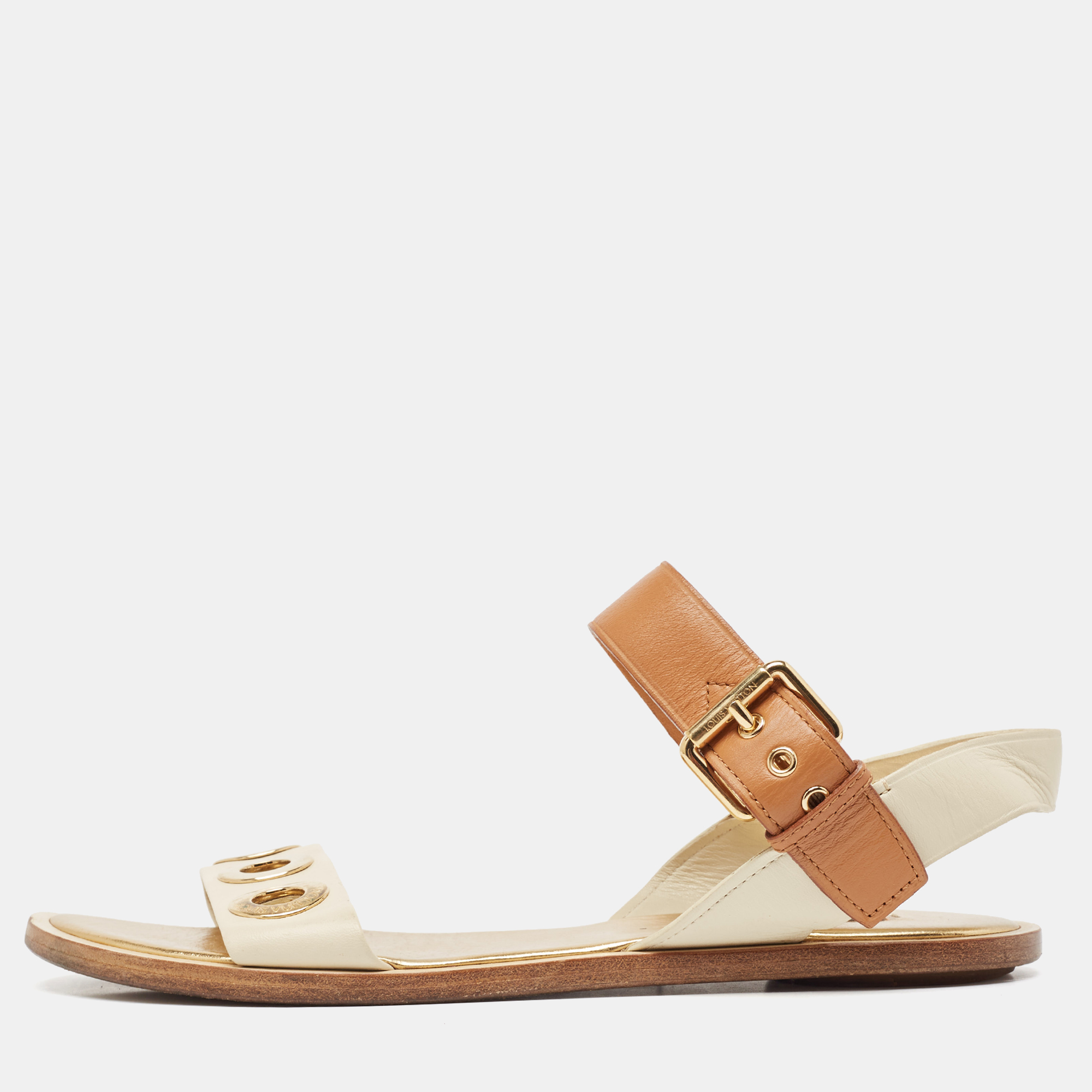

Louis Vuitton Cream/Brown Leather Flat Sandals Size