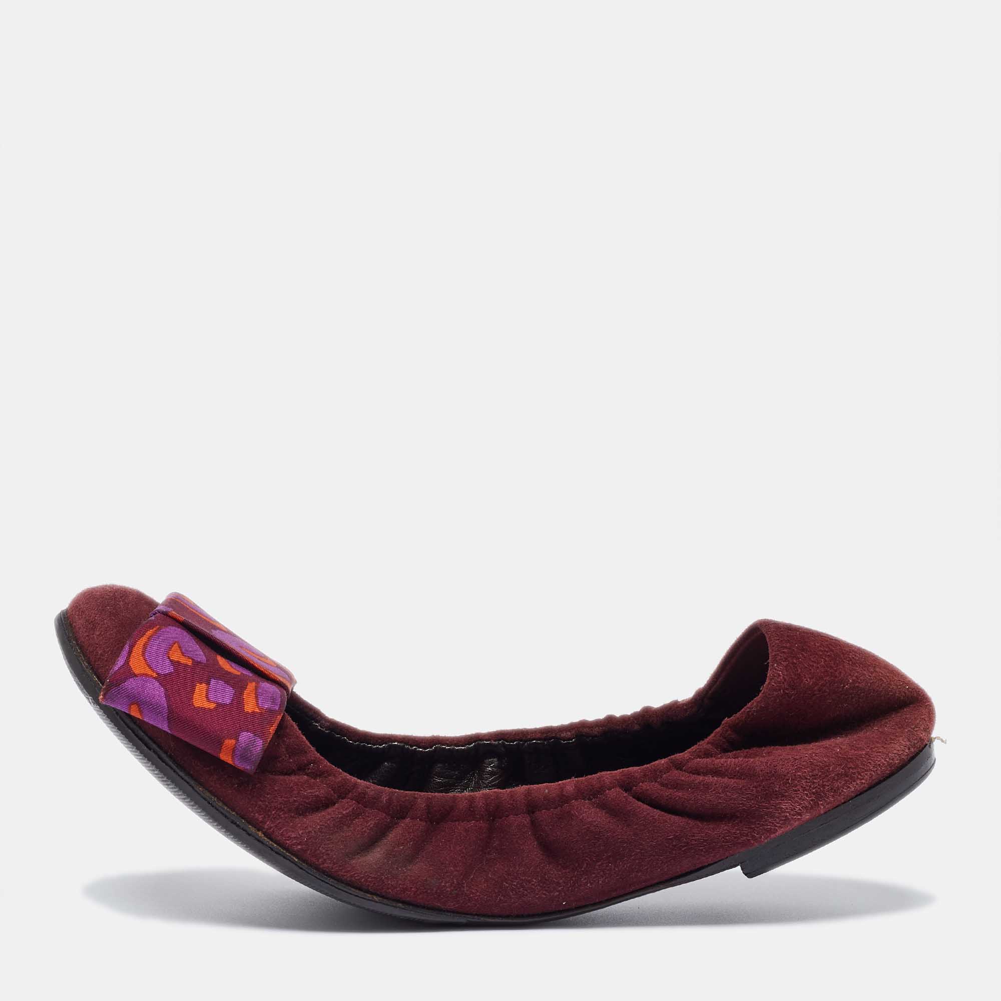 Pre-owned Louis Vuitton Burgundy Suede Bow Scrunch Ballet Flats Size 39