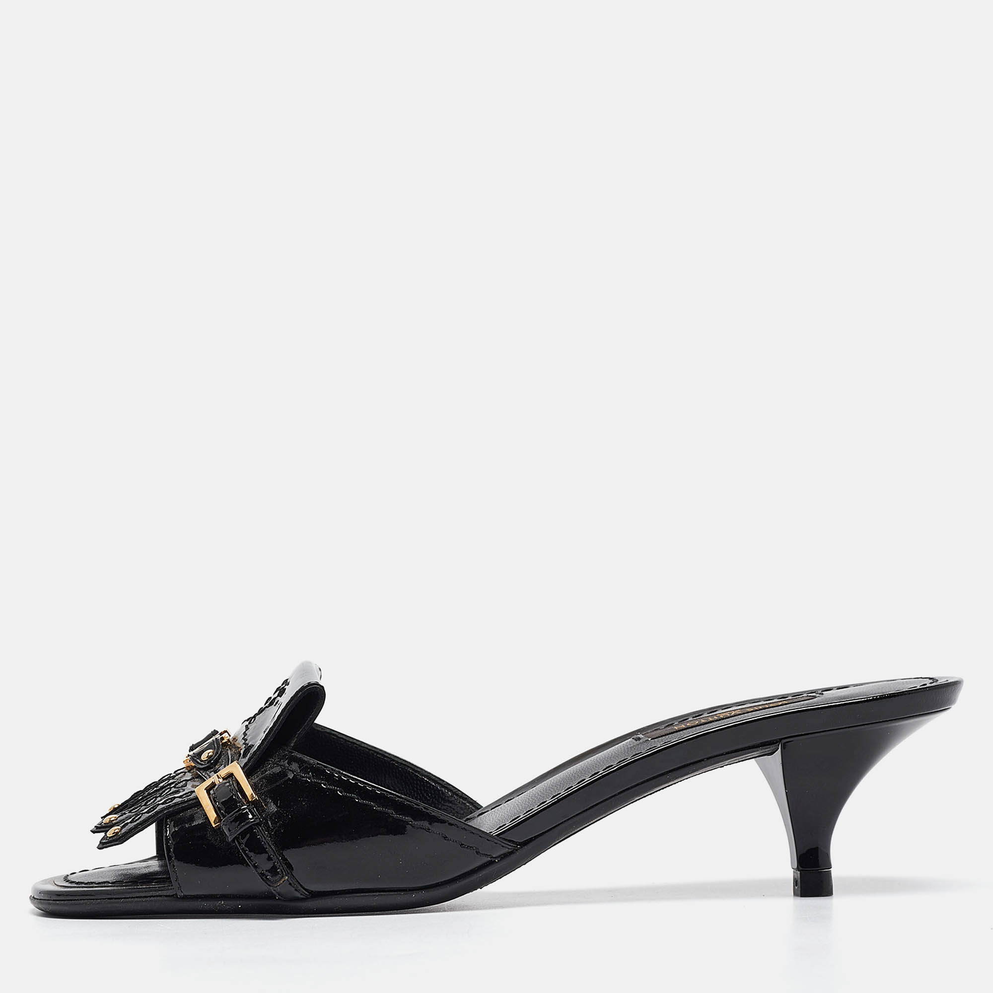 

Louis Vuitton Black Patent Leather Studded Fringe Buckle Detail Slide Sandals Size