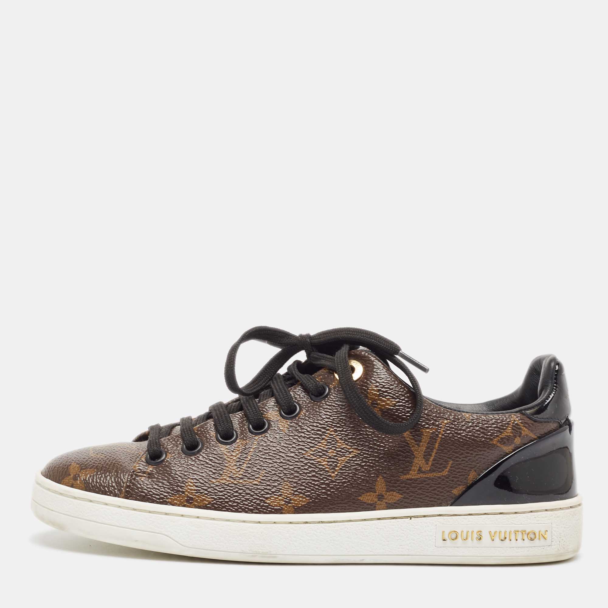 Pre-owned Louis Vuitton Brown/black Monogram Canvas And Patent Frontrow Sneakers Size 35