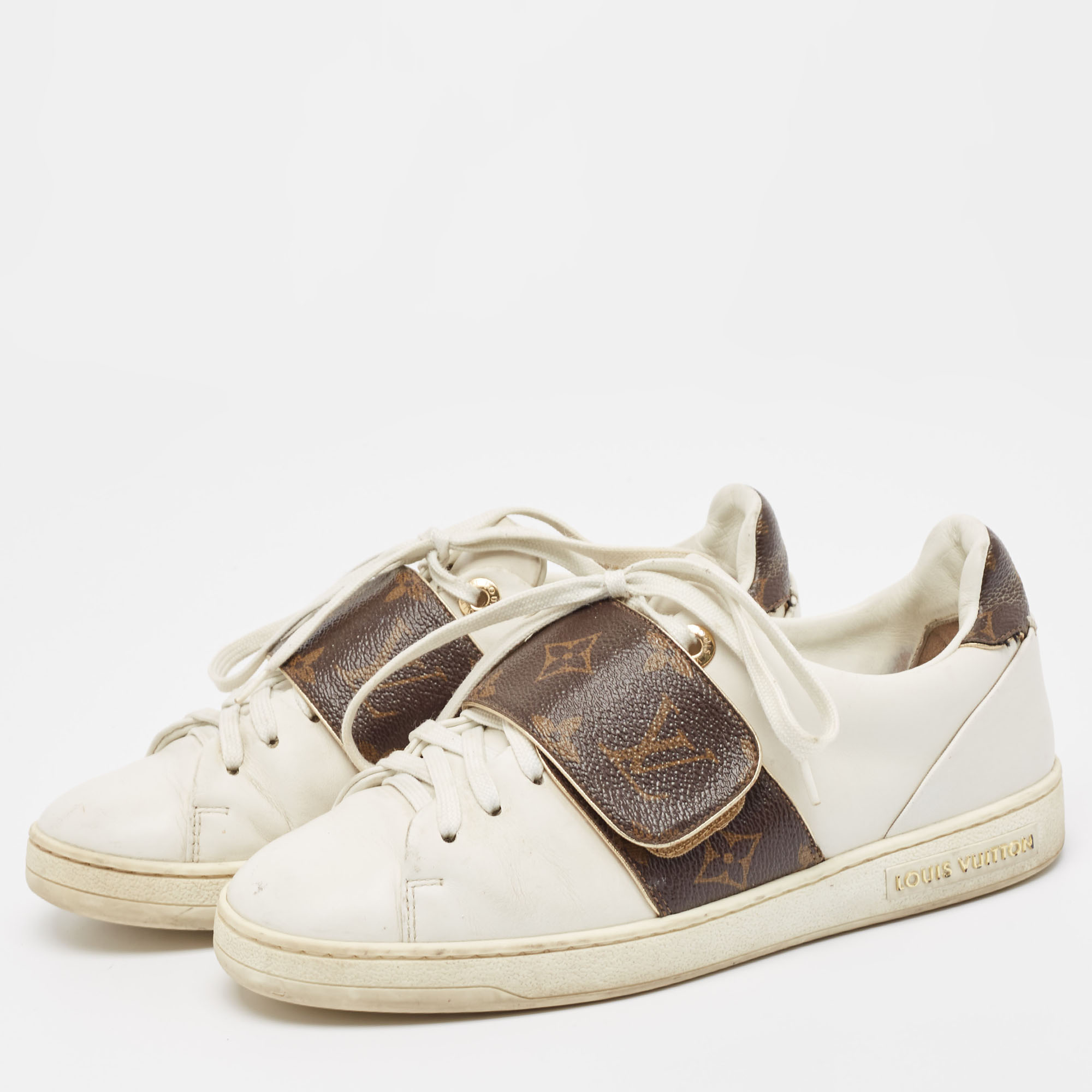Louis Vuitton White/Brown Monogram Canvas and Leather Frontrow Sneakers Size 36 