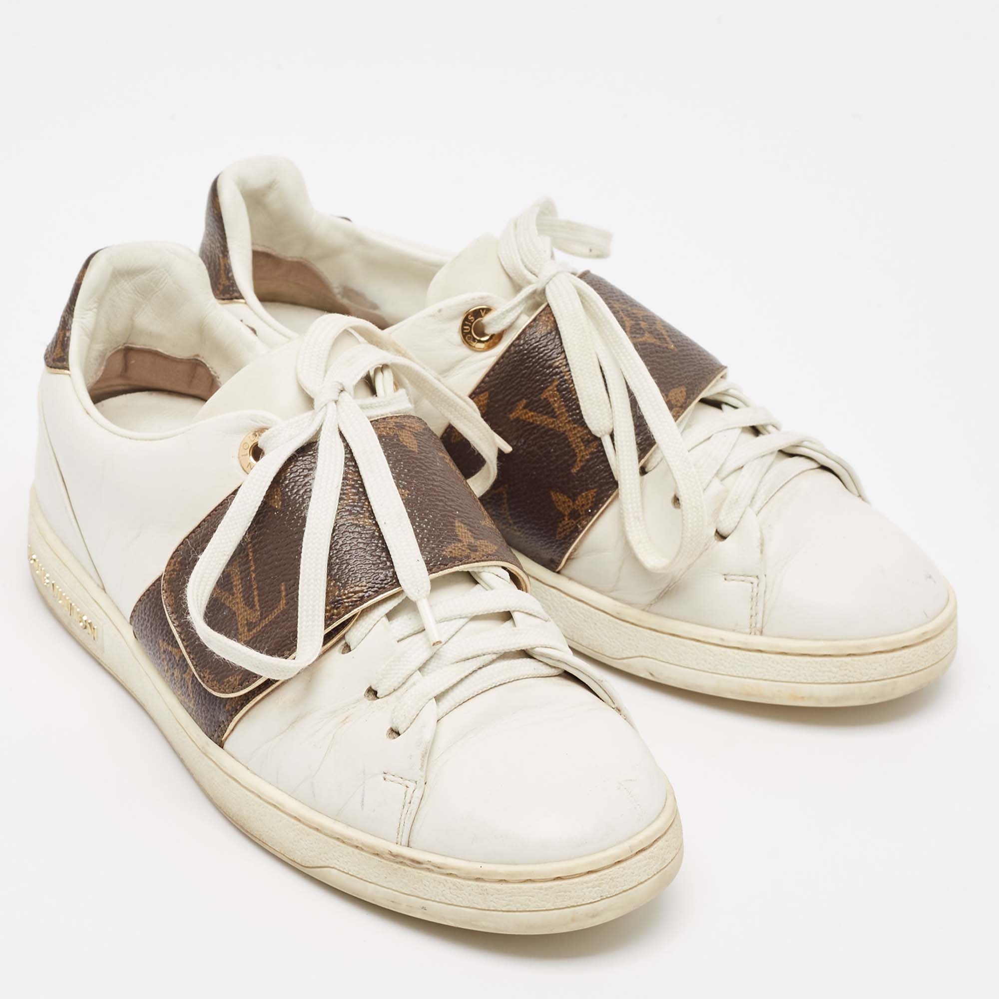 Louis Vuitton White/Brown Monogram Canvas and Leather Frontrow Sneakers Size 36 