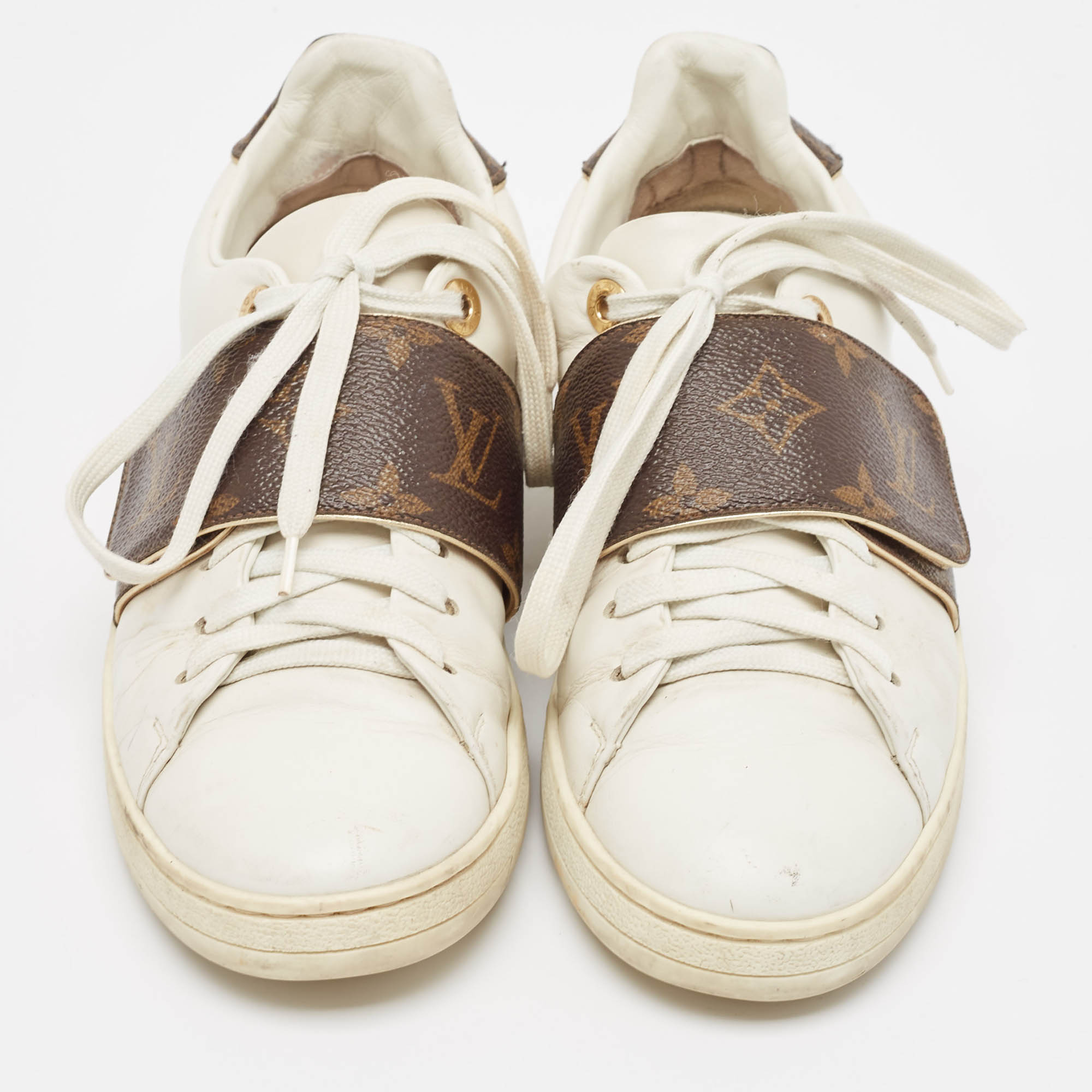 Louis Vuitton White/Brown Monogram Canvas and Leather Frontrow Sneakers Size 36 
