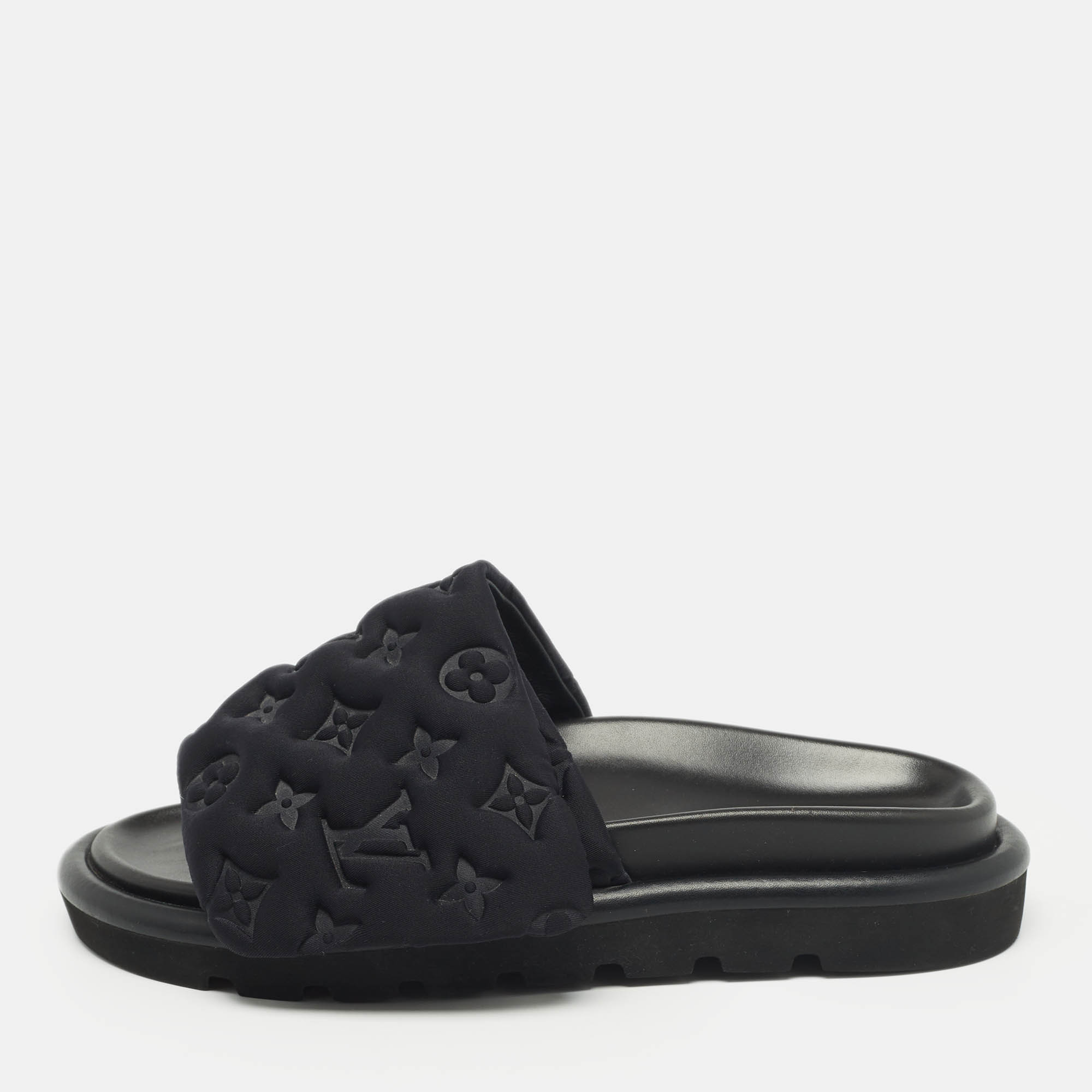 

Louis Vuitton Black Monogram Nylon Velcro Flats Slides Size