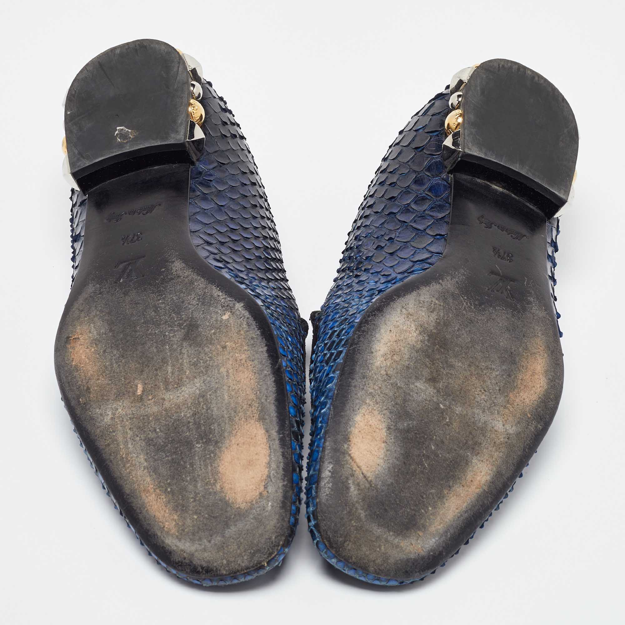 Louis Vuitton Blue/Black Python Studded Heel Loafers Size 37.5 