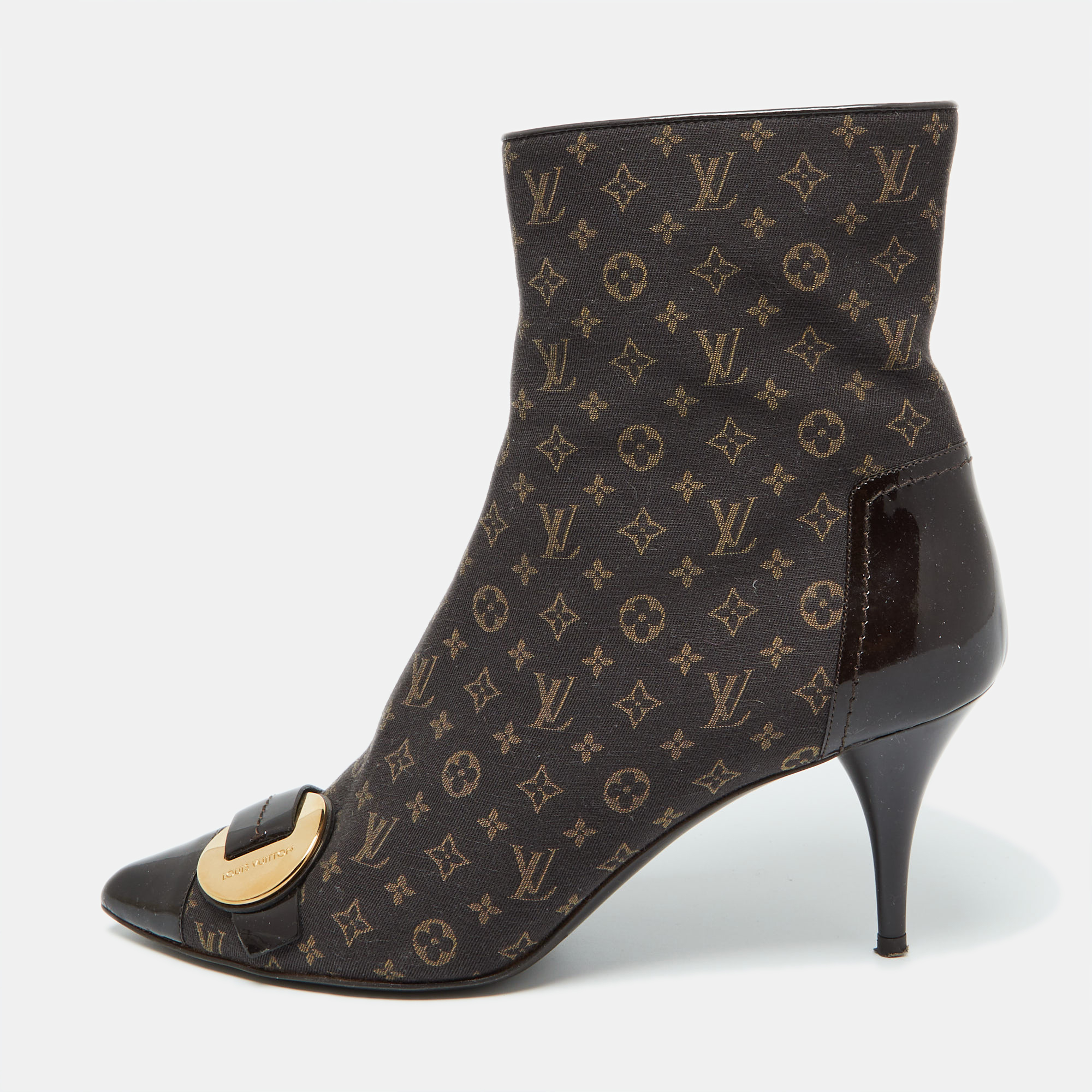 Pre-owned Louis Vuitton Brown Monogram Mini Lin Canvas And Patent Leather Ankle Length Boots 39.5