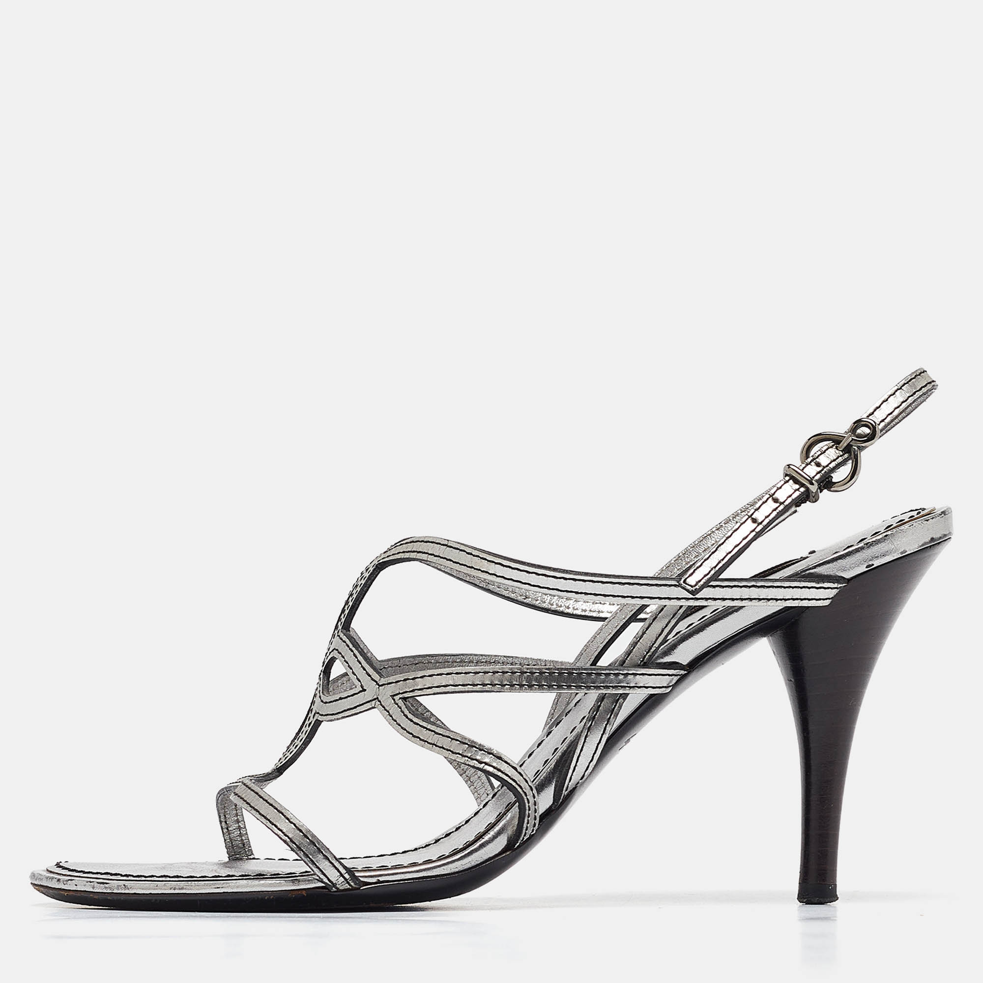 Pre-owned Louis Vuitton Silver Leather Ankle Strap Sandals Size 36.5