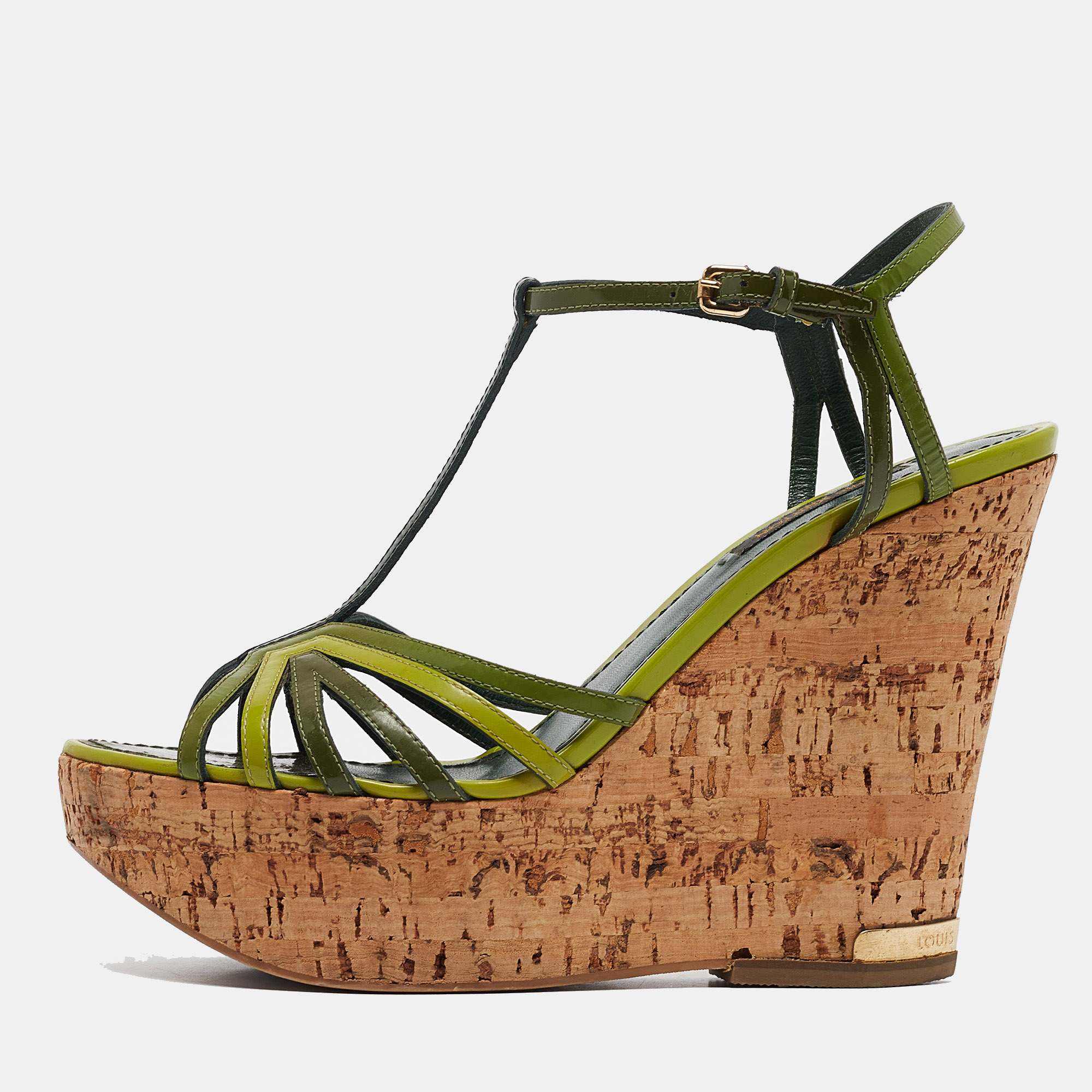 

Louis Vuitton Green Patent Leather Summertime Cork Wedge Sandals Size