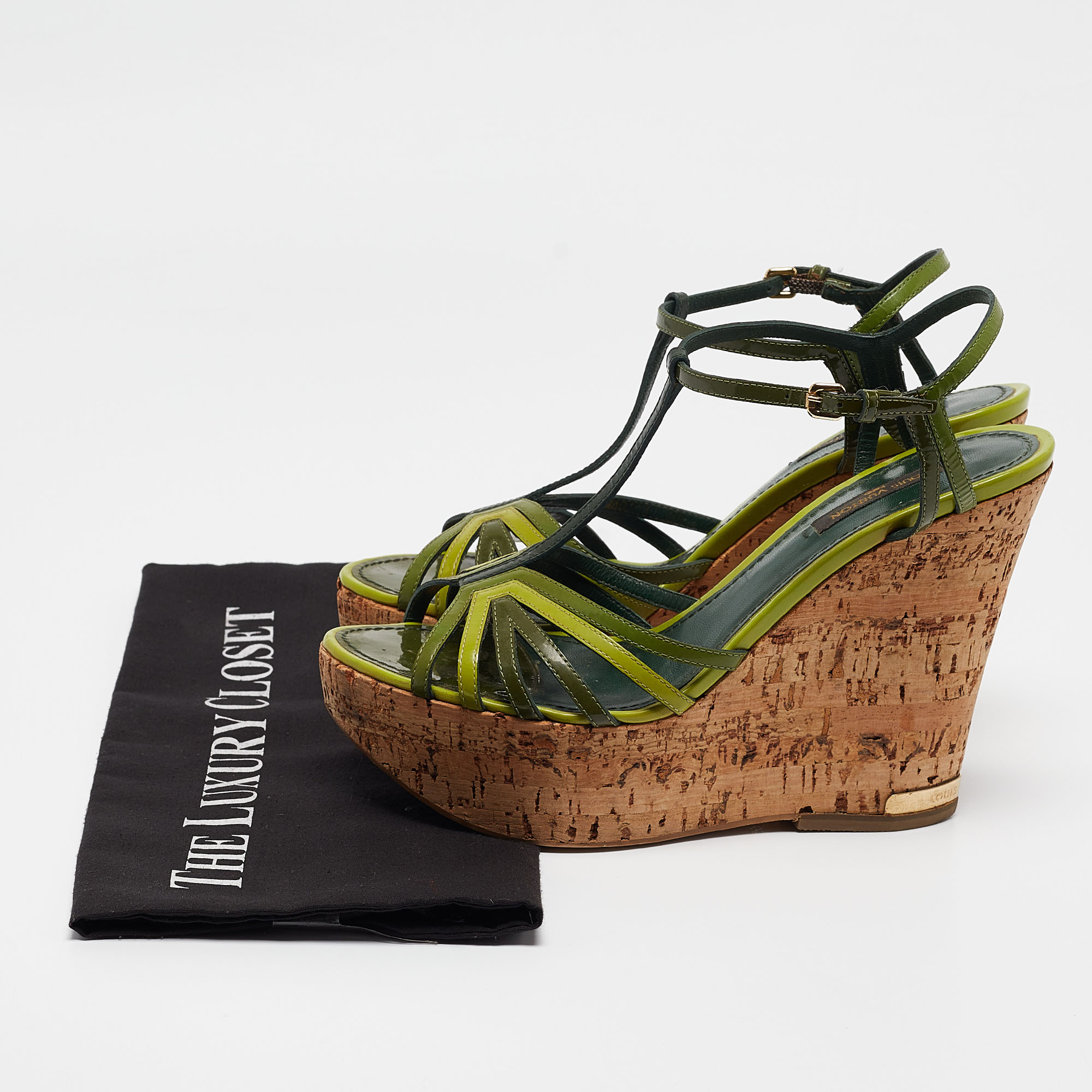 Louis Vuitton Green Patent Leather Summertime Cork Wedge Sandals Size 38 