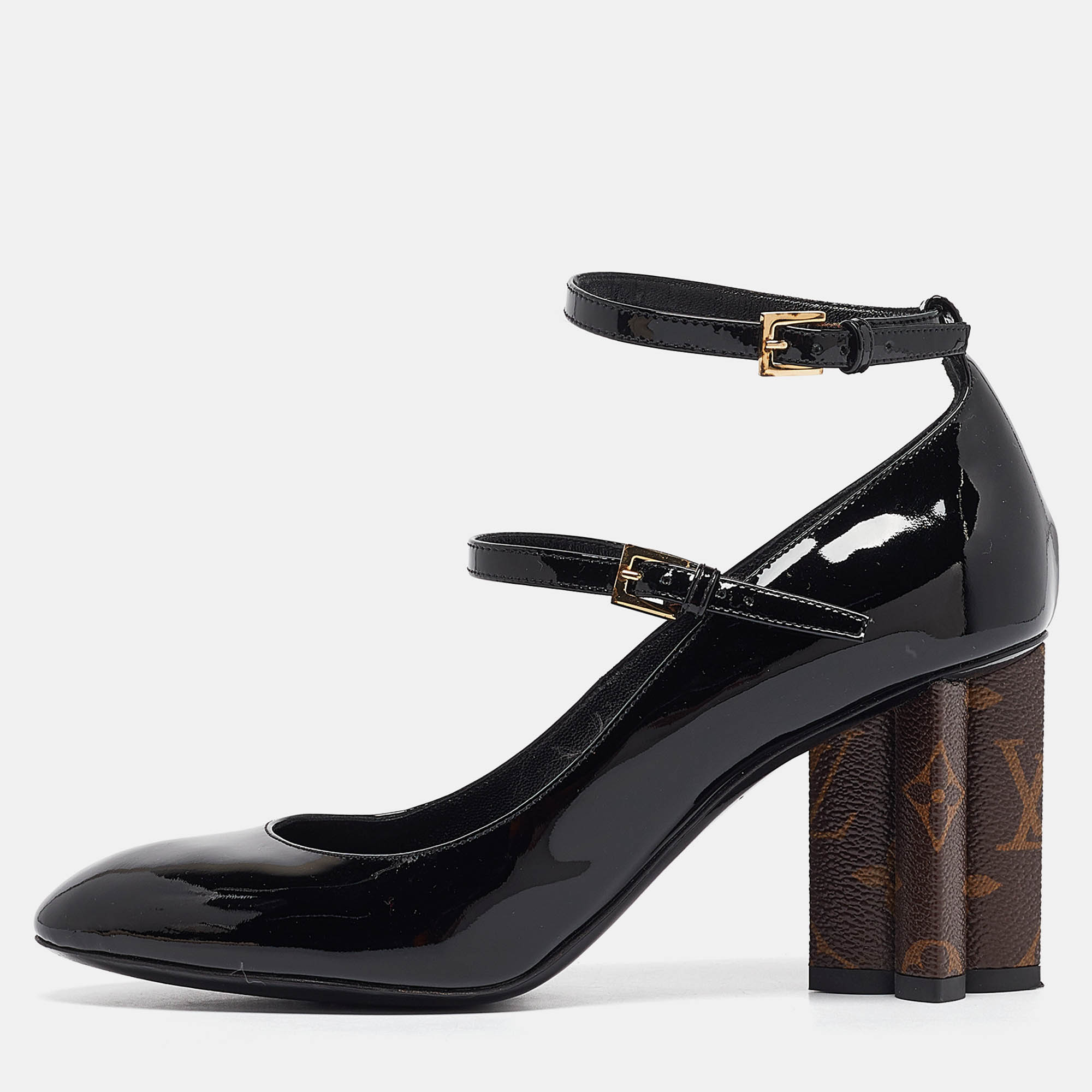 

Louis Vuitton Black Patent and Canvas Peep Toe Pumps Size