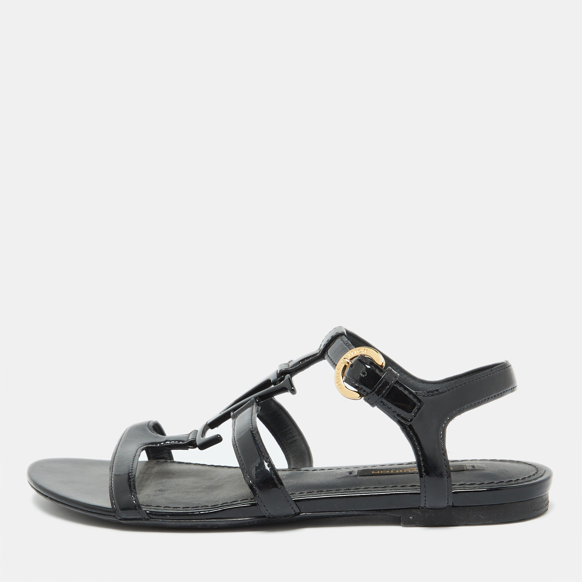 

Louis Vuitton Black Patent Leather Paradiso Flat Sandals Size