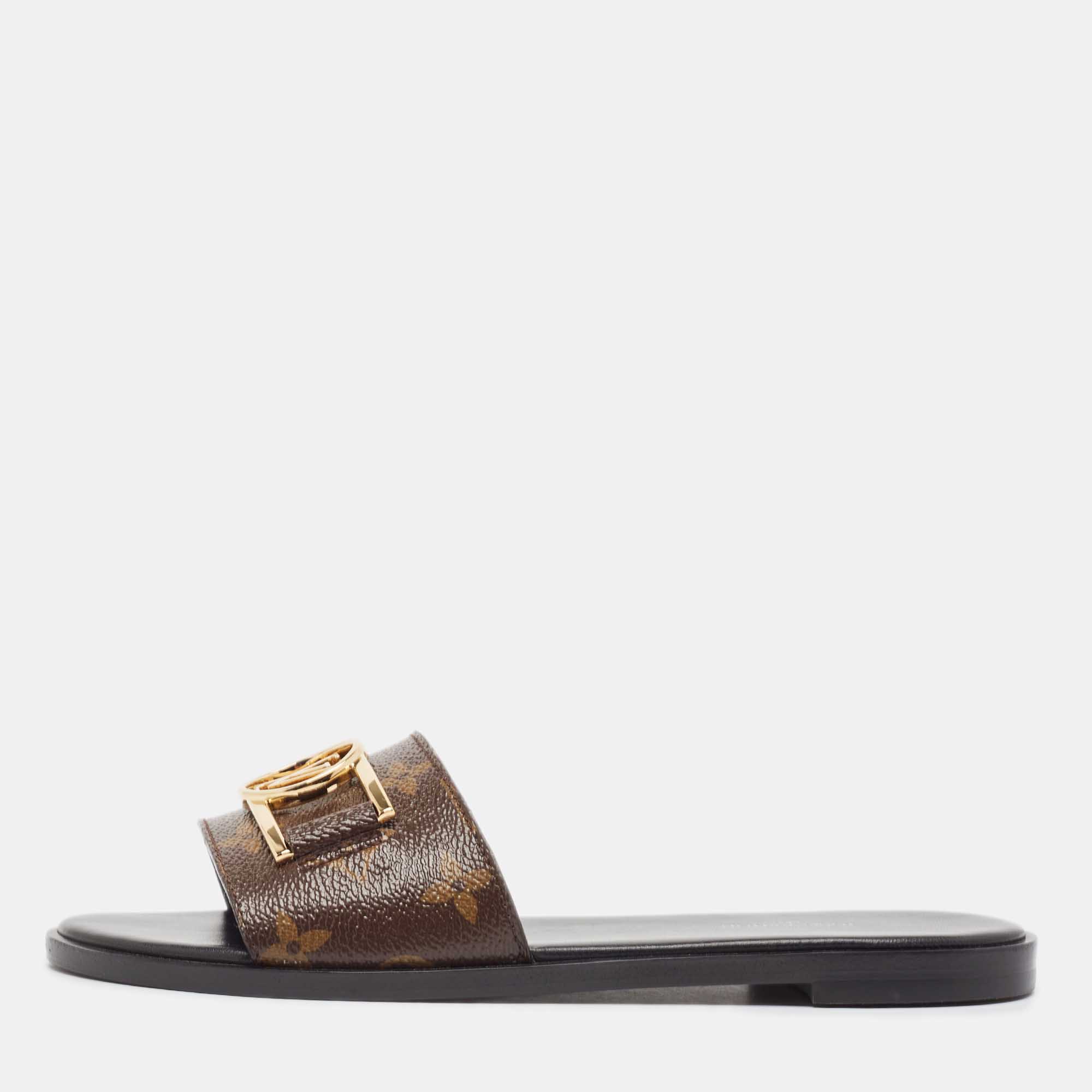 

Louis Vuitton Monogram Canvas Lock It Flat Slides Size, Brown