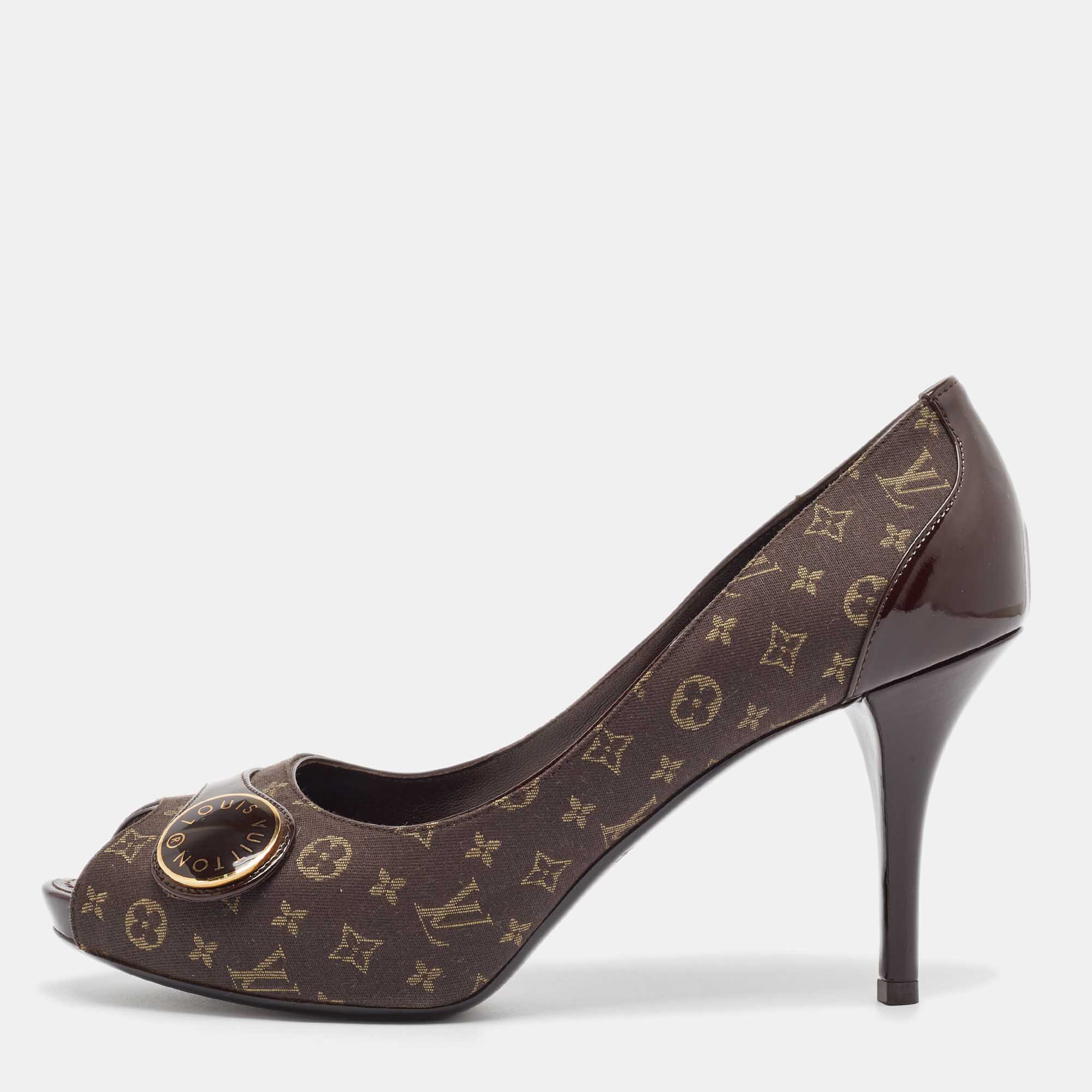 

Louis Vuitton Brown Canvas and Patent Leather Peep Toe Pumps Size