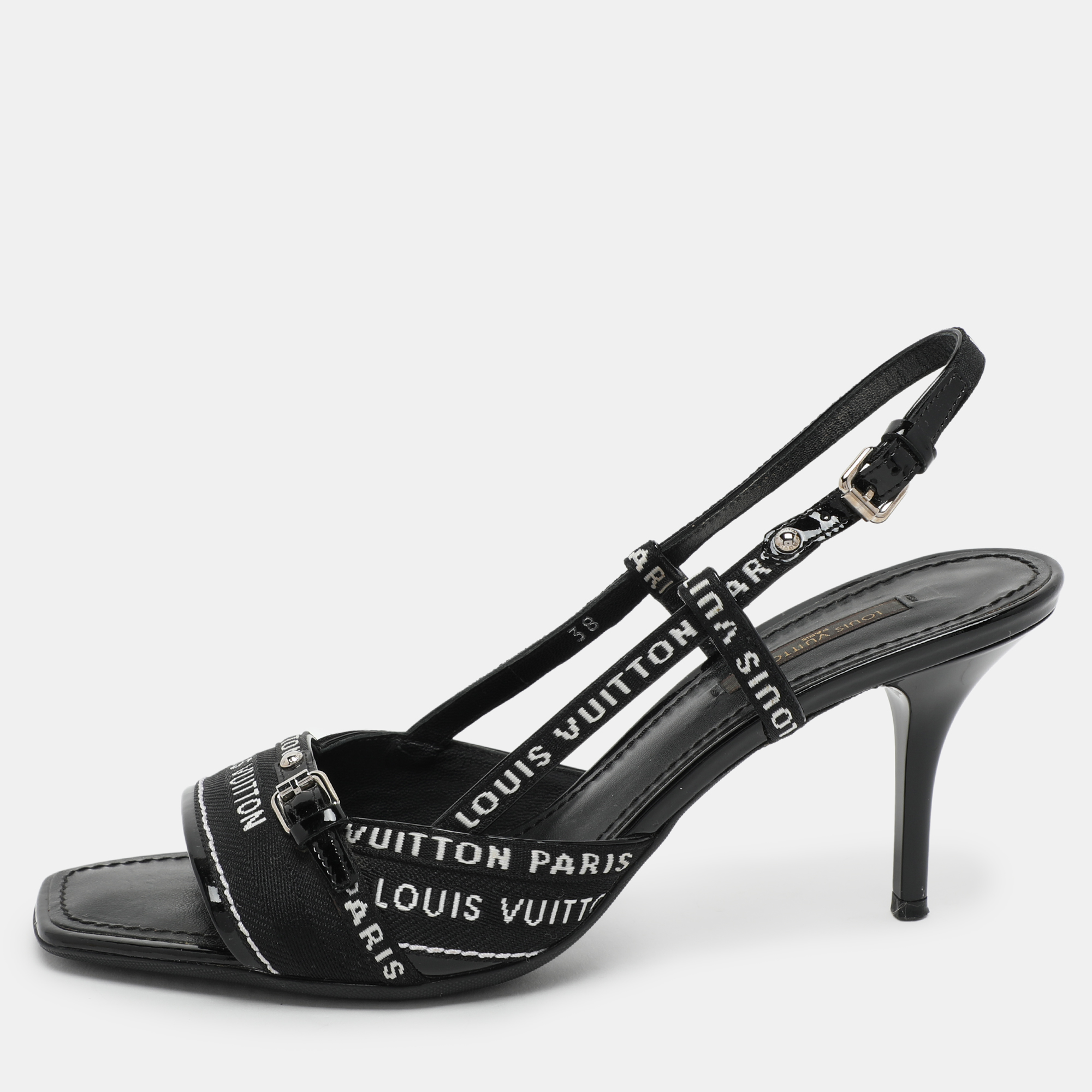 

Louis Vuitton Black Patent Leather and Fabric Slingback Sandals Size