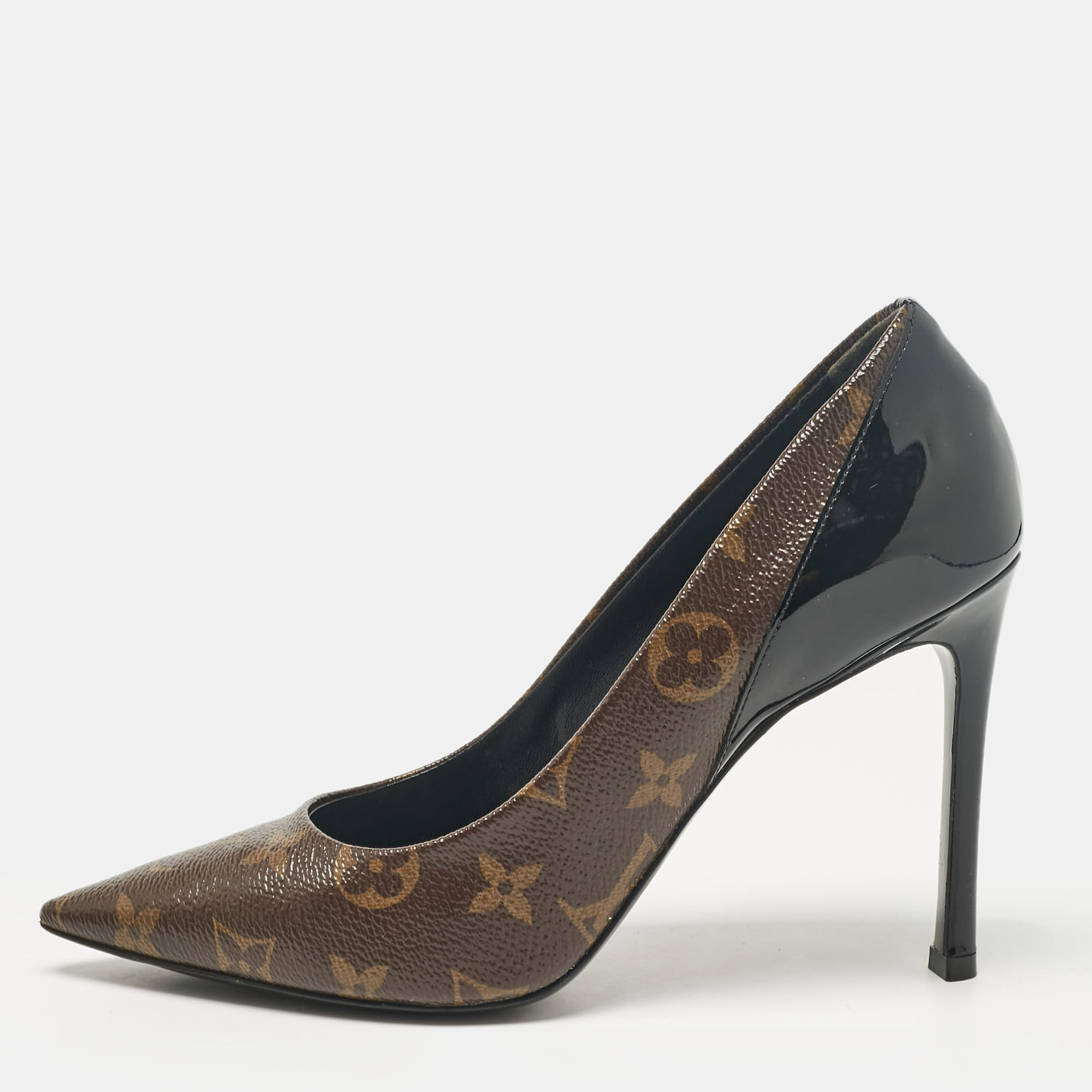 Pre-owned Louis Vuitton Black Monogram Canvas And Patent Leather Chérie Pumps Size 37.5