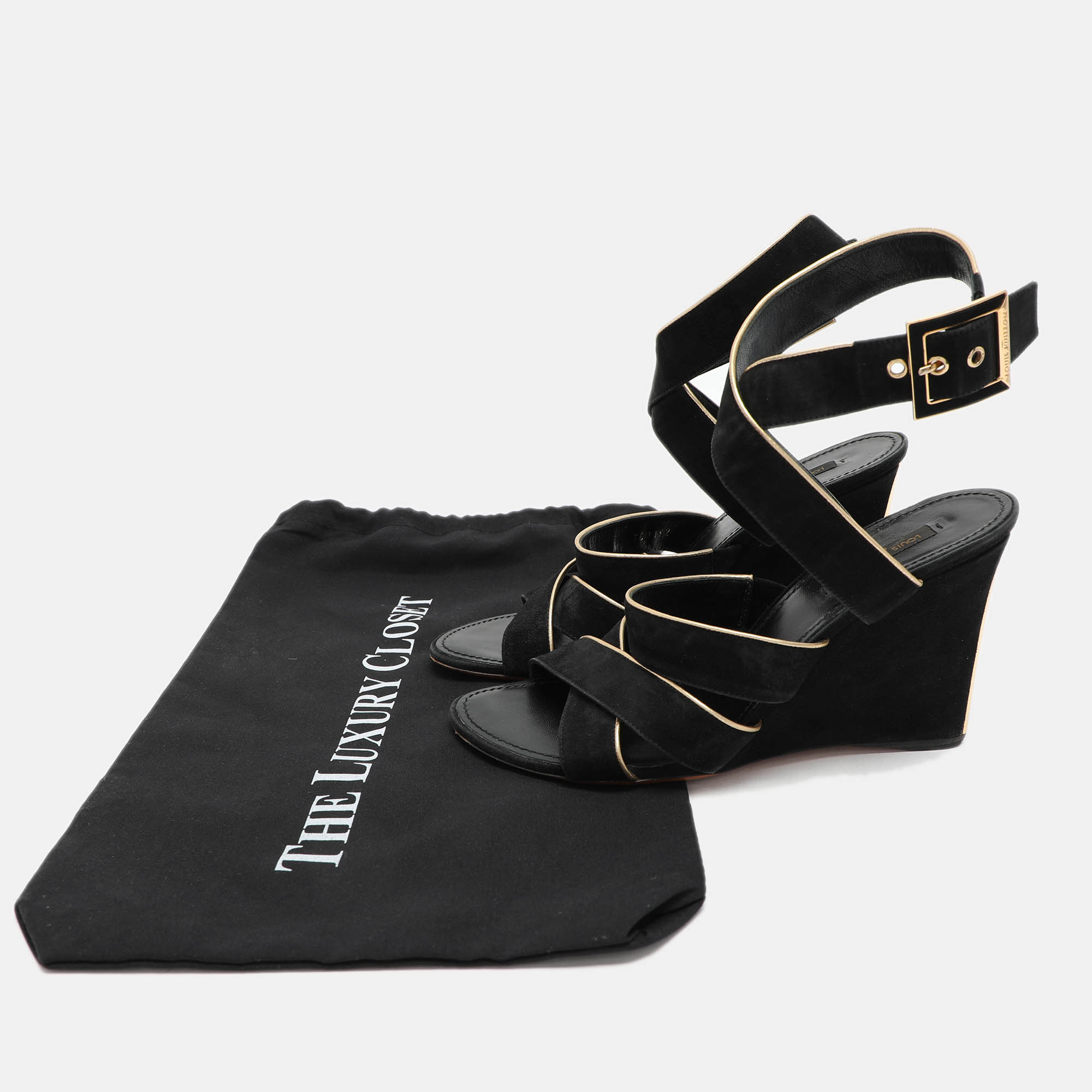 Louis Vuitton Black/Gold Suede and Leather Wedge Sandals Size 39 
