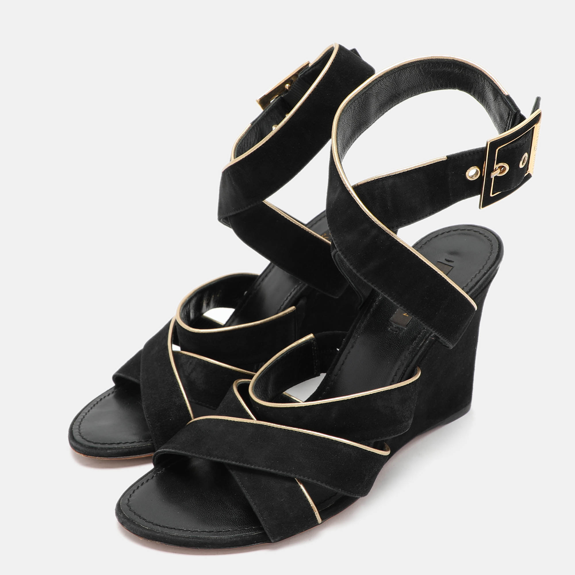 Louis Vuitton Black/Gold Suede and Leather Wedge Sandals Size 39 