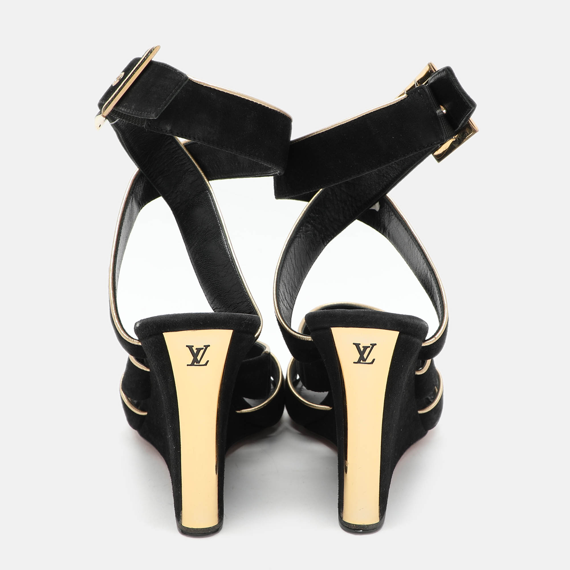 Louis Vuitton Black/Gold Suede and Leather Wedge Sandals Size 39 
